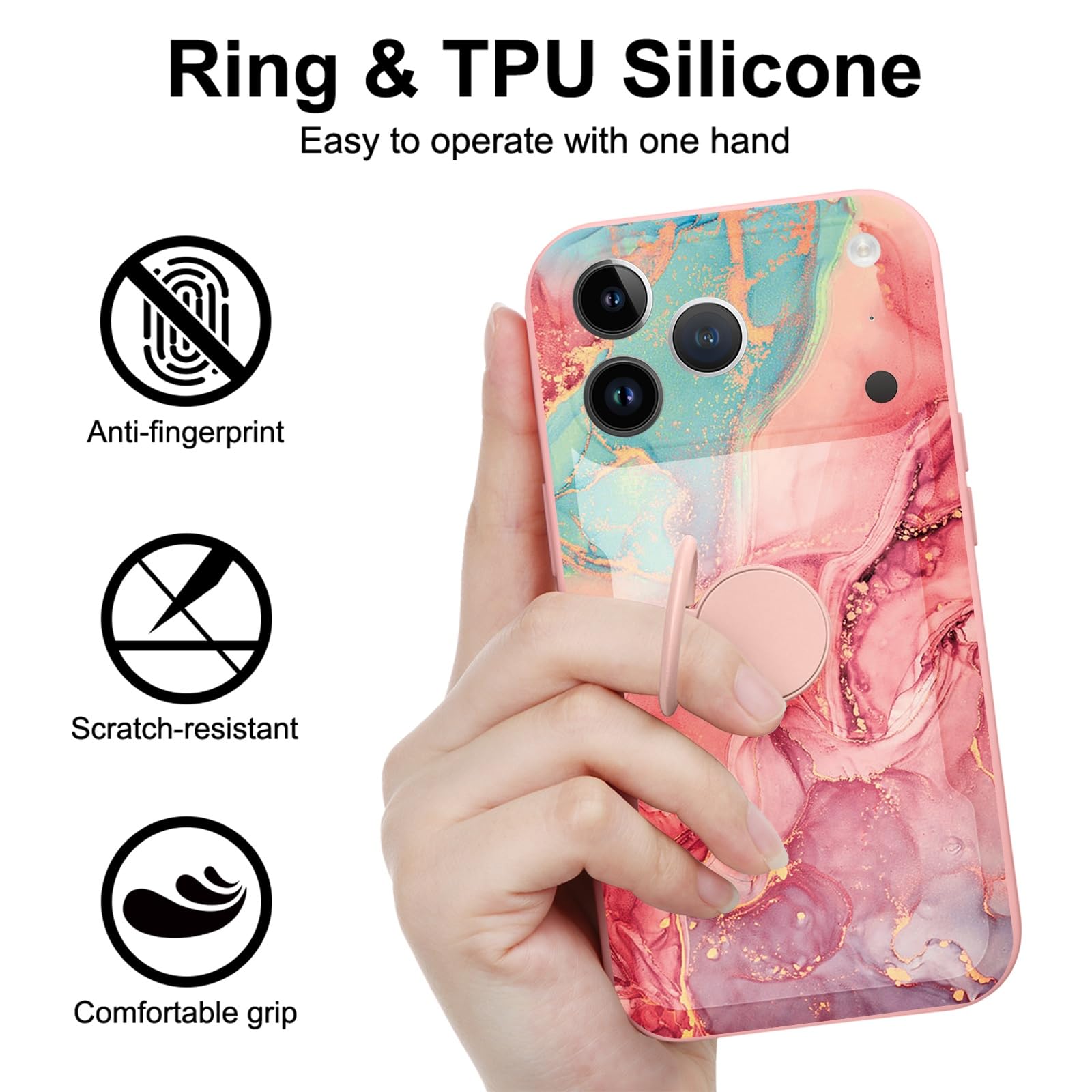 Yoedge Kickstand Phone Case for iPhone 17 Pro Max 6.9",360°Rotatable Magnetic Ring Holder Cases,Full Body Shockproof Silicone Back Cover with Built-in Screen Protector,Pink Marble Pattern — view 2