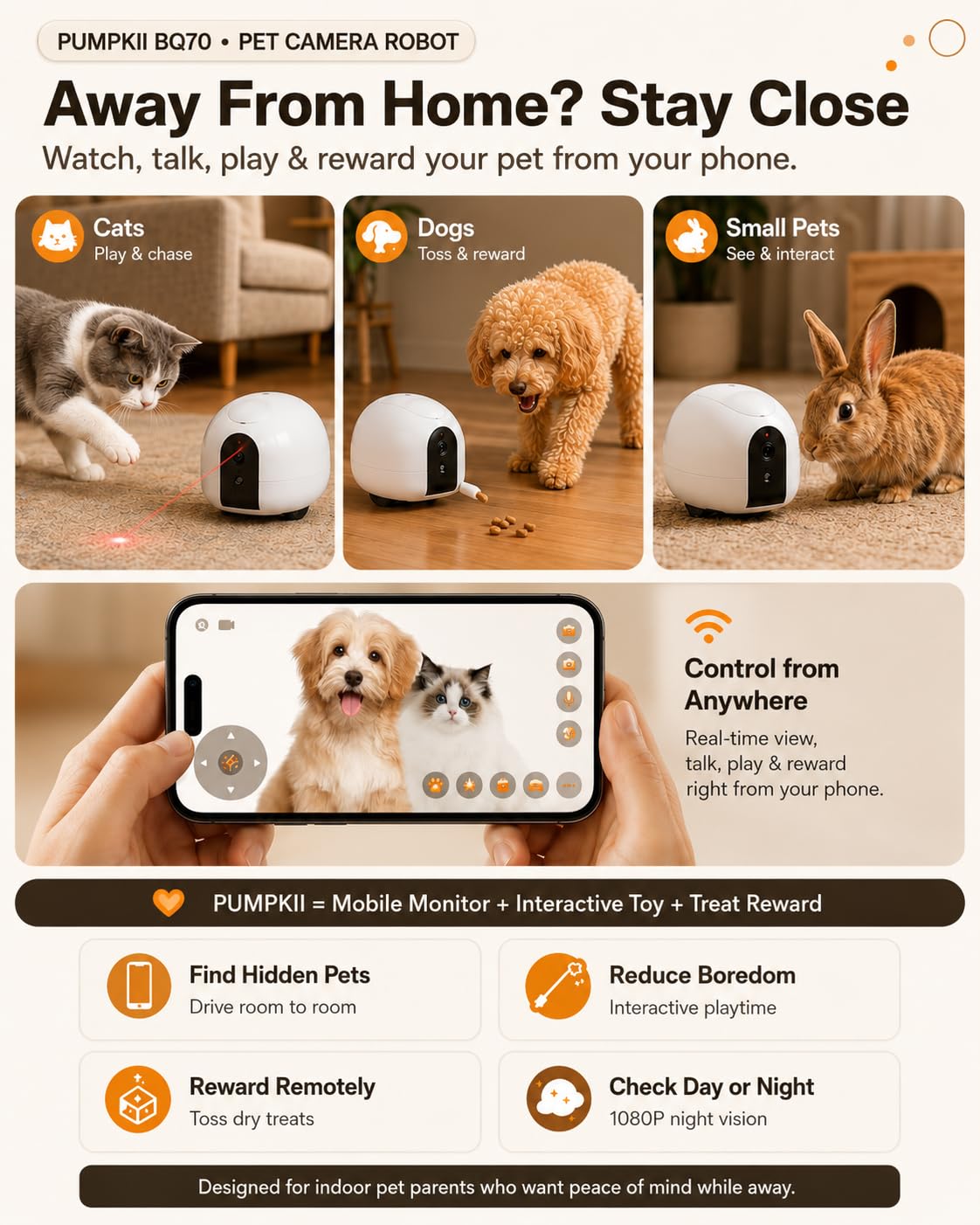 Cámara para gatos, robot de cámara móvil para mascotas con aplicación para teléfono, dispensador de golosinas para mascotas, cámara para mascotas interior, cámara para perros con visión nocturna,