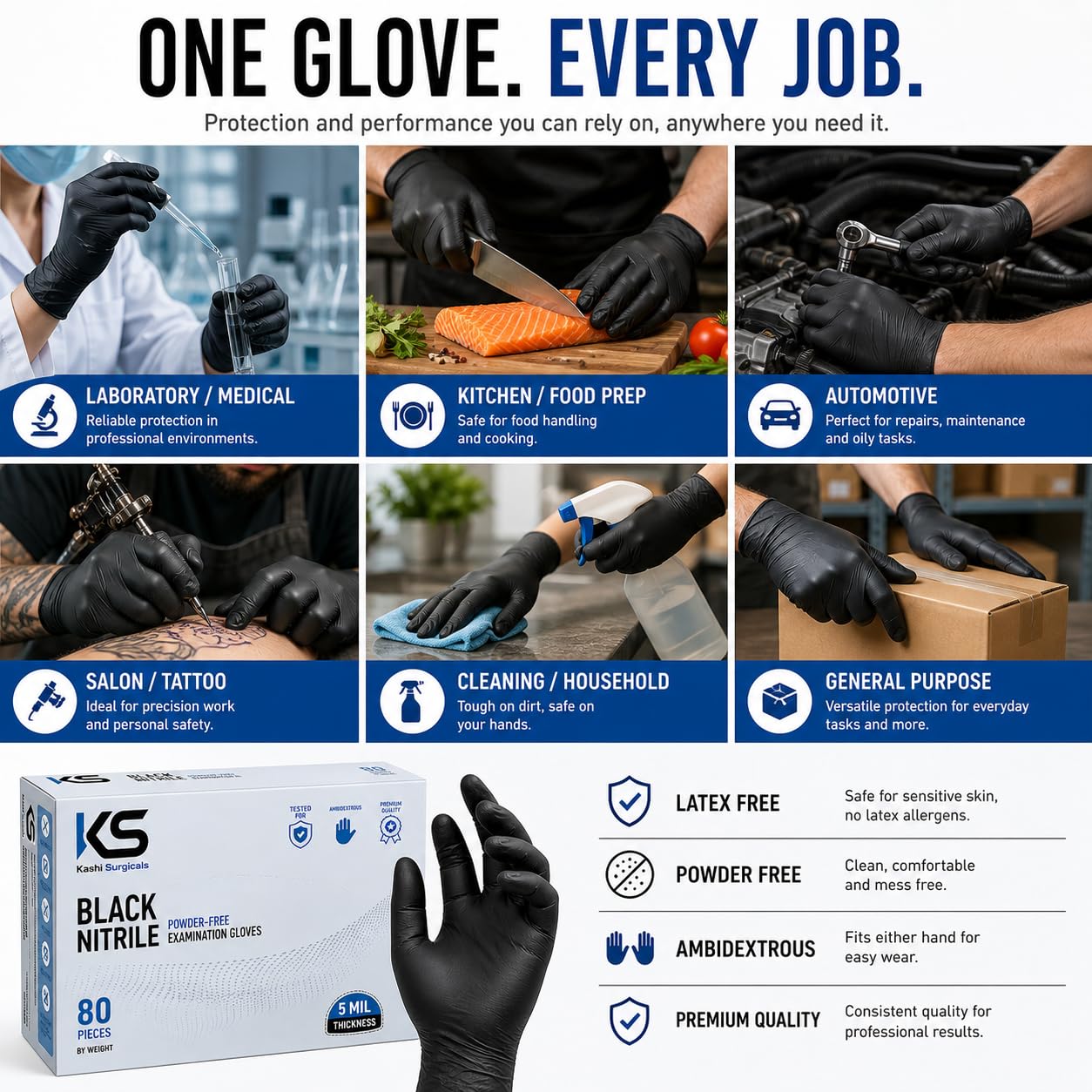 Kashi Surgicals Powder Free Nitrile Gloves, Food Grade, Made In Malaysia (Large, Black, Box Of 80) (Large), Pack of 1 1