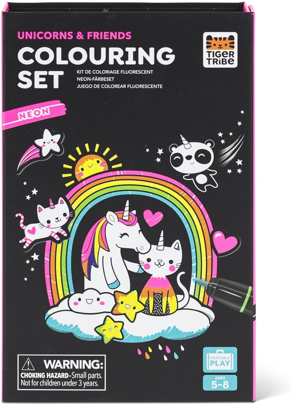 Neon Coloring Set for Kids - Unicorns & Friends with Stickers & Neon Markers | Portable, Mess-Free Art Activity, Ideal Gift for Kids Age 5+, Creative Fun