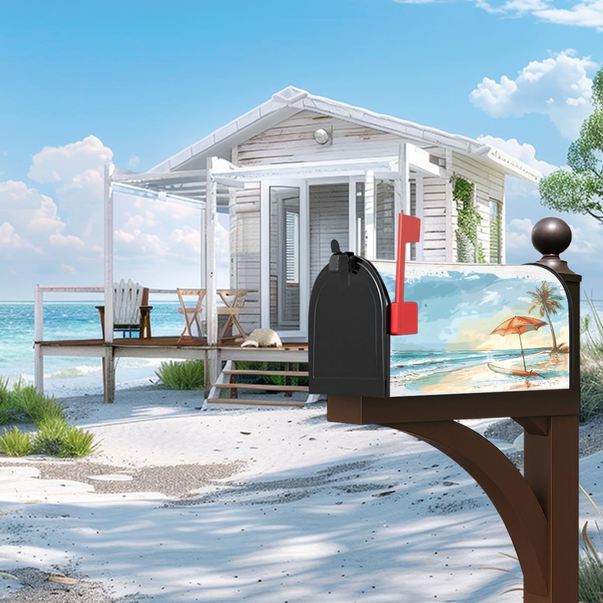 Summer Beach Coastal Mailbox Cover Waterproof Post Letter Box for Outdoor Garden Yard Decor Standard Size 18 X 21 Inch