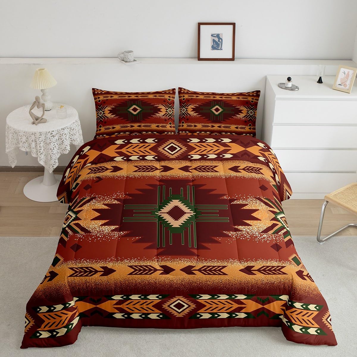 Feelyou Southwestern Geometric Duvet Quilt Kids Southwest Native Bedding Set Queen Size Tribal Orange Red Comforter Set for Room Decor Breathable Soft Microfiber Modern Art with 2 Pillow Case