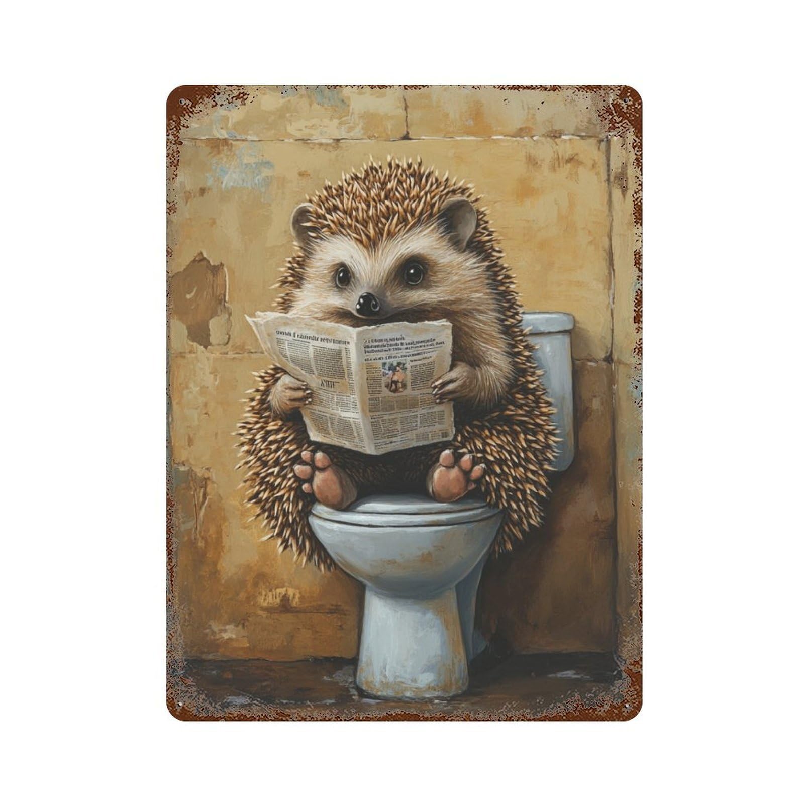 Hedgehog Reading Newspaper on Toilet 15.7"x11.8" Vintage Metal Tin Sign, Industrial Home Decor for Farmhouse, Kitchen And Entryway Decor