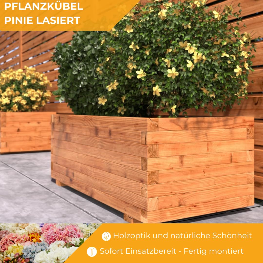 Mega Holz Pflanzkübel Pinie Lasiert 100x40 cm - Massiv & wetterfest - Fertig montierter Blumenkübel aus Kiefernholz - Rustikaler Blumentopf für Garten, Balkon & Terrasse, witterungsbeständig & robust