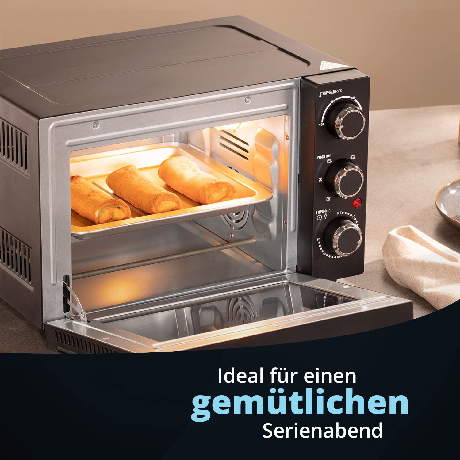 KHG Minibackofen MBO-15S in schwarz mit Umluft, Ober-/Unterhitze, 15l Garraum, Brotbackofen, inkl. 6 Funktionsstufen, Timer, Innenbeleuchtung, Backblech, Entnahmegriff, Grillrost