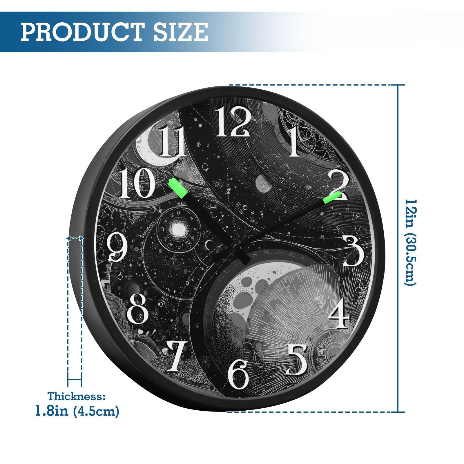 Mnsruu Reloj de pared con diseño de luna y tierra, astrología, luminoso, funciona con pilas, silencioso, brilla en la oscuridad, para sala de estar, cocina, 12 pulgadas