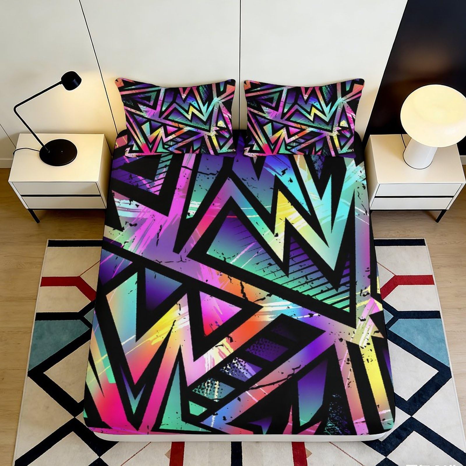 Pnayamiorkfel Style-7 3D Printed Neon Geometric Fitted Sheet Microfiber Vibrant Abstract Mattress Cover For Bedroom Dorm Decoration Easy Care 90X200x25cm