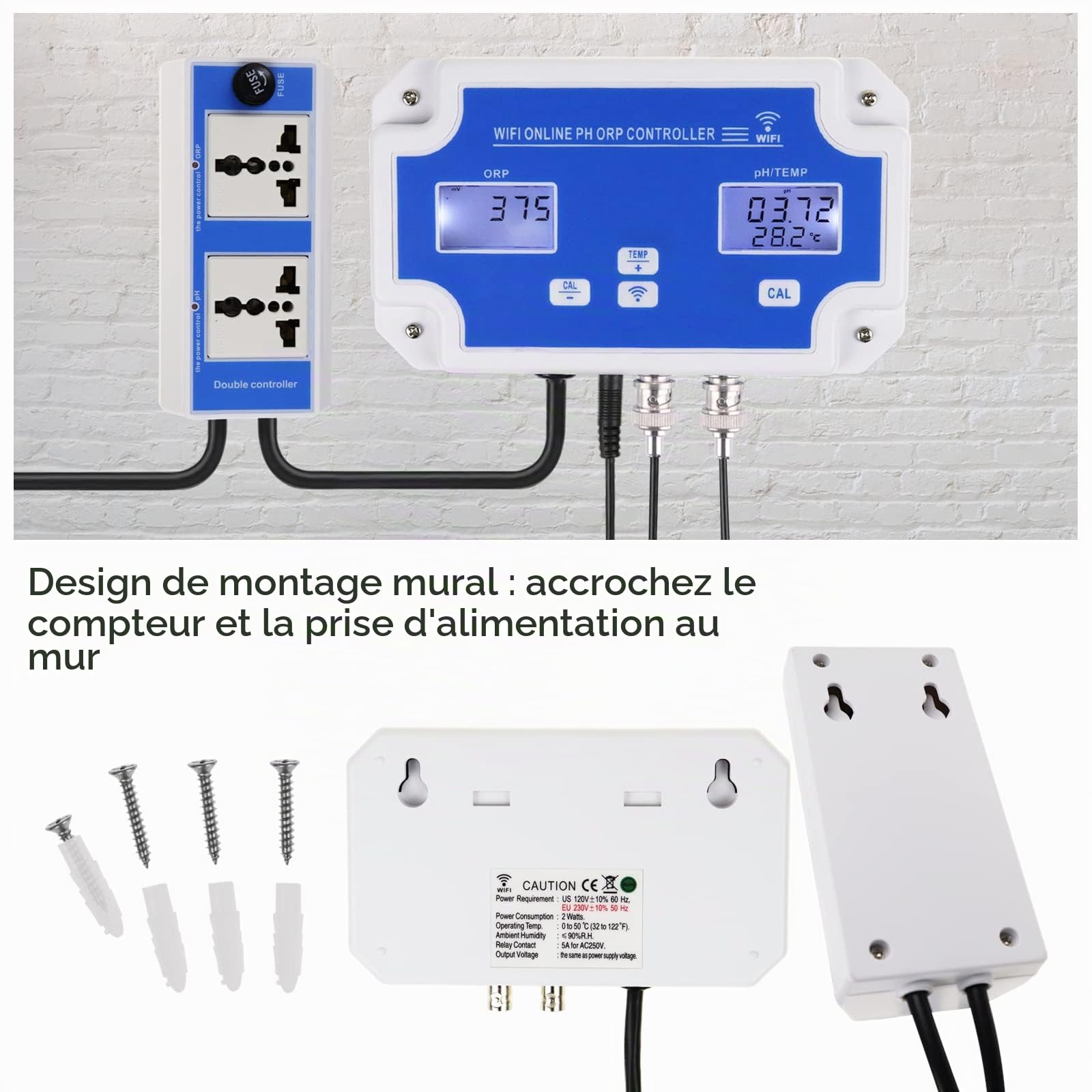 Contrôleur intelligent pH ORP avec surveillance et dosage à distance dans l'eau, sondes remplaçables 3 en 1 pH/ORP/Temp pour culture hydroponique, aquariums et piscine