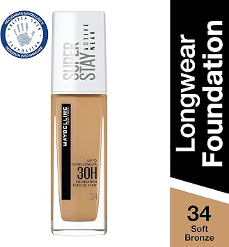 Maybelline New York Foundation, Superstay Active Wear 30 Hour Long-Lasting Liquid Foundation, Lightweight Feel, Water, Sweat and Transfer Resistant, 30 ml, Shade: 34, Soft Bronze