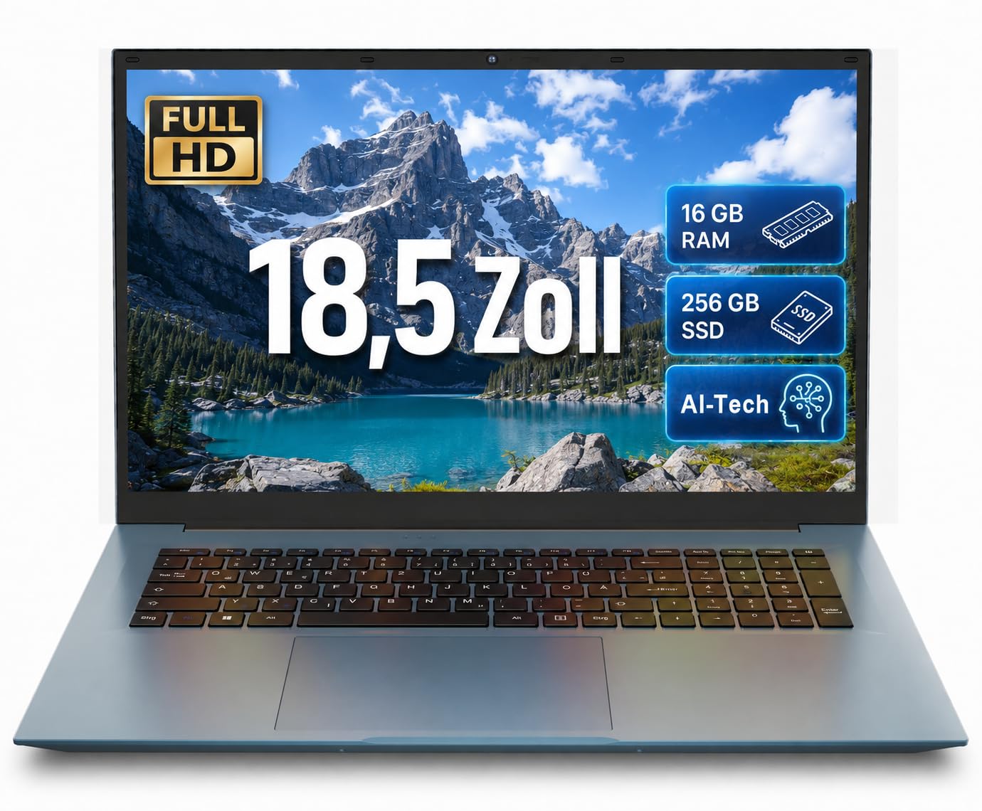 THEYETI Laptop 18,5 Zoll 16GB RAM 256GB SSD, AI Unterstützung Notebook Core i3 (bis zu 3,9 GHz), 8000mAh Akku, FHD Display 180° Betrachtungswinkel, HDMI, USB-C Multifunktionsanschluss（Hellblau）