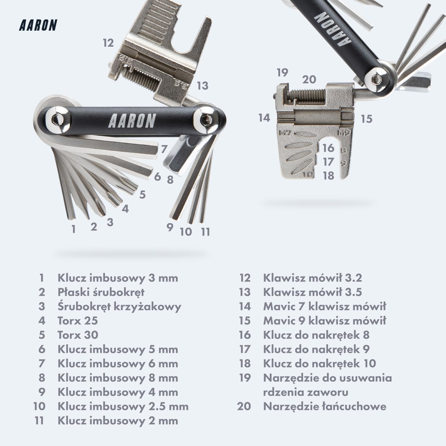 AARON Narzędzie wielofunkcyjne 20 w 1, narzędzie wielofunkcyjne do roweru ze stali nierdzewnej/aluminium, składane mini narzędzie rowerowe z wieloma funkcjami w kolorze czarnym