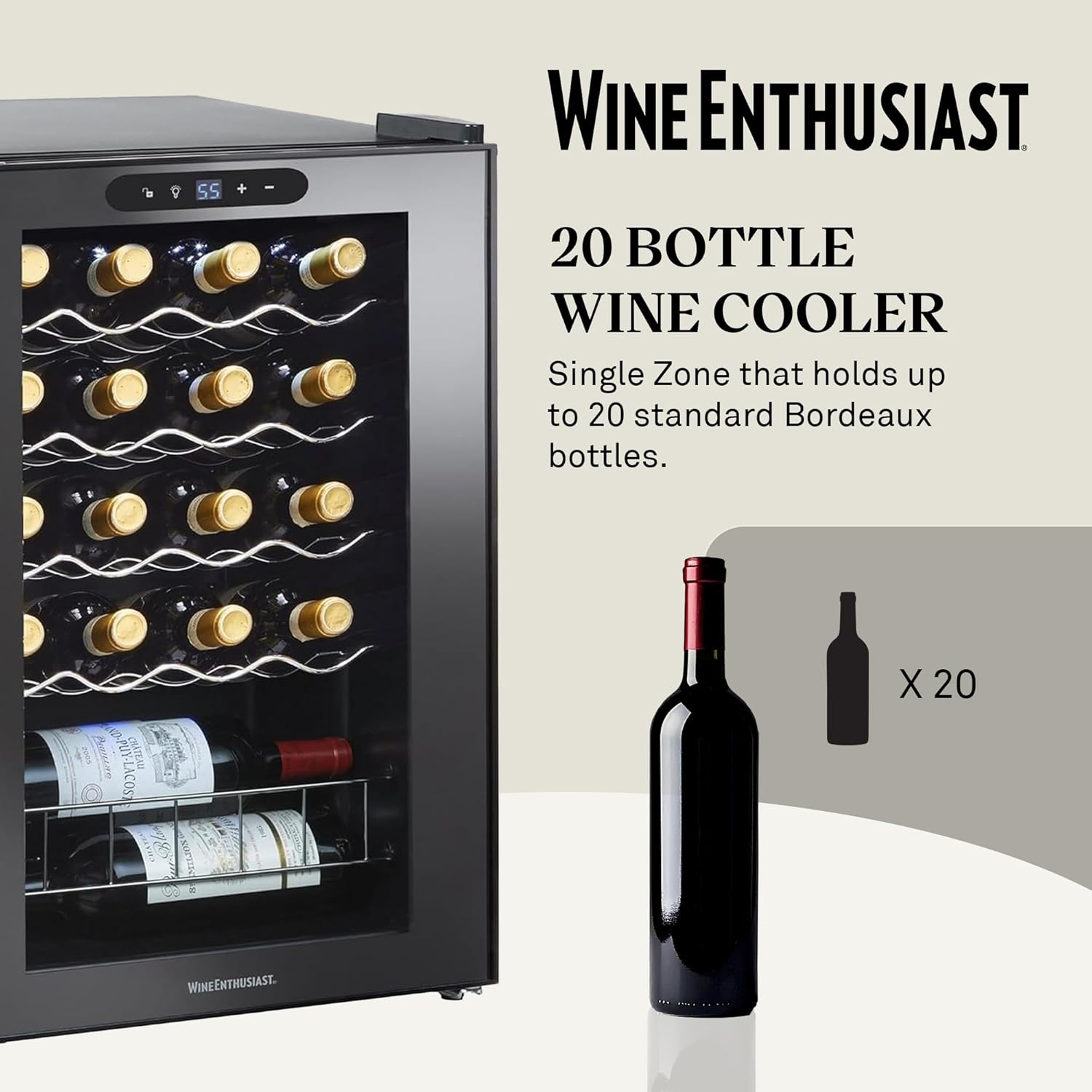 Wine Enthusiast 20-Bottle Compressor Wine Cooler - Freestanding 1.8 Cu. Ft. Wine Refrigerator for Home & Kitchen, Energy-Efficient Cooling of 41-64°F, Adjustable LED Touchscreen & Temperature Display