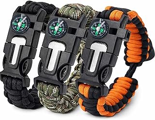 Simsky 3 Stück Survival Paracord Armband, 5-in-1 Überlebens Armbänder Multifunktions Überlebensarmband mit outdoor Feuerstein survival, mini Kompass, Pfeife, Schirmseil & Mini-Säge für Camping Wandern