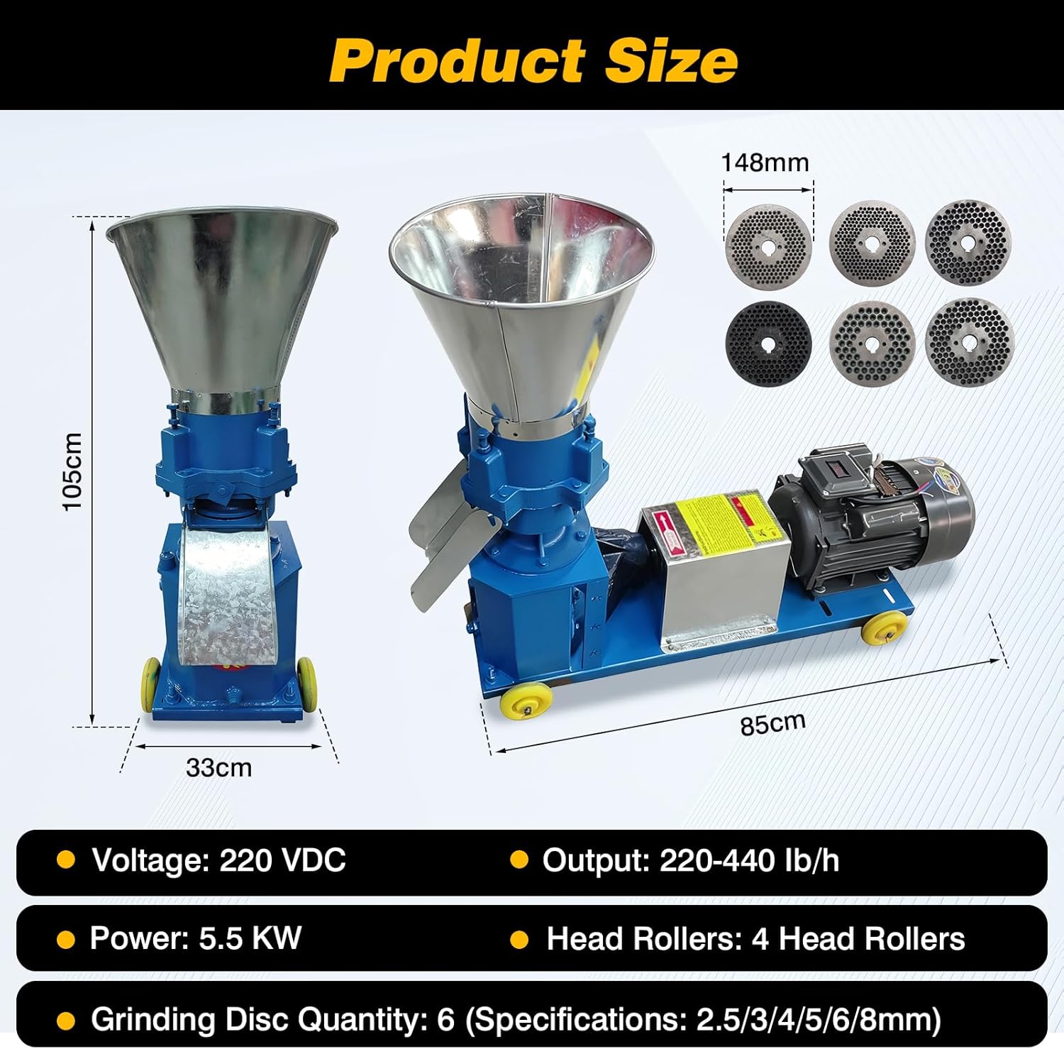 Chicken Feed Pellet Mill Machine with 4 Head Rollers 2.5/3/4/5/6/8mm Feed Pelletizer for Chicken Duck Poultry Livestock Farm Animal 220V 5.5KW