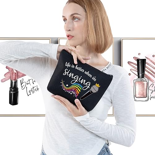Miniatura 3 de LEVLO Bolsa de maquillaje cosmética para cantar, regalo para amantes de la música, la vida es mejor cuando estoy cantando maquillaje con cremallera