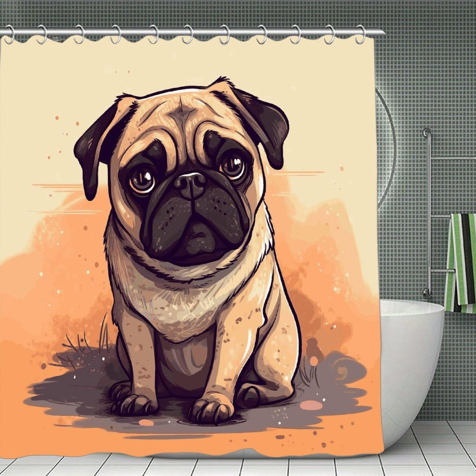 FekiLoot Pug Cartoon Shower Curtain Minimalist Thick Bathroom Curtain Washable Modern Bathroom Shower Curtain Heavy Duty Waterproof Cloth Bath Curtain with Hooks 70.8"x70.8"