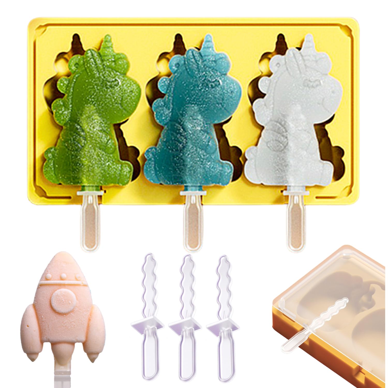 OrapinkSilicone Popsicle Molds, Unicorn-Shaped Ice Pop Maker, BPA-Free, Reusable, Ideal for Cake Pops Kids Toddler Babies and Homemade Popsicle with Lid and Sticks(Yellow)