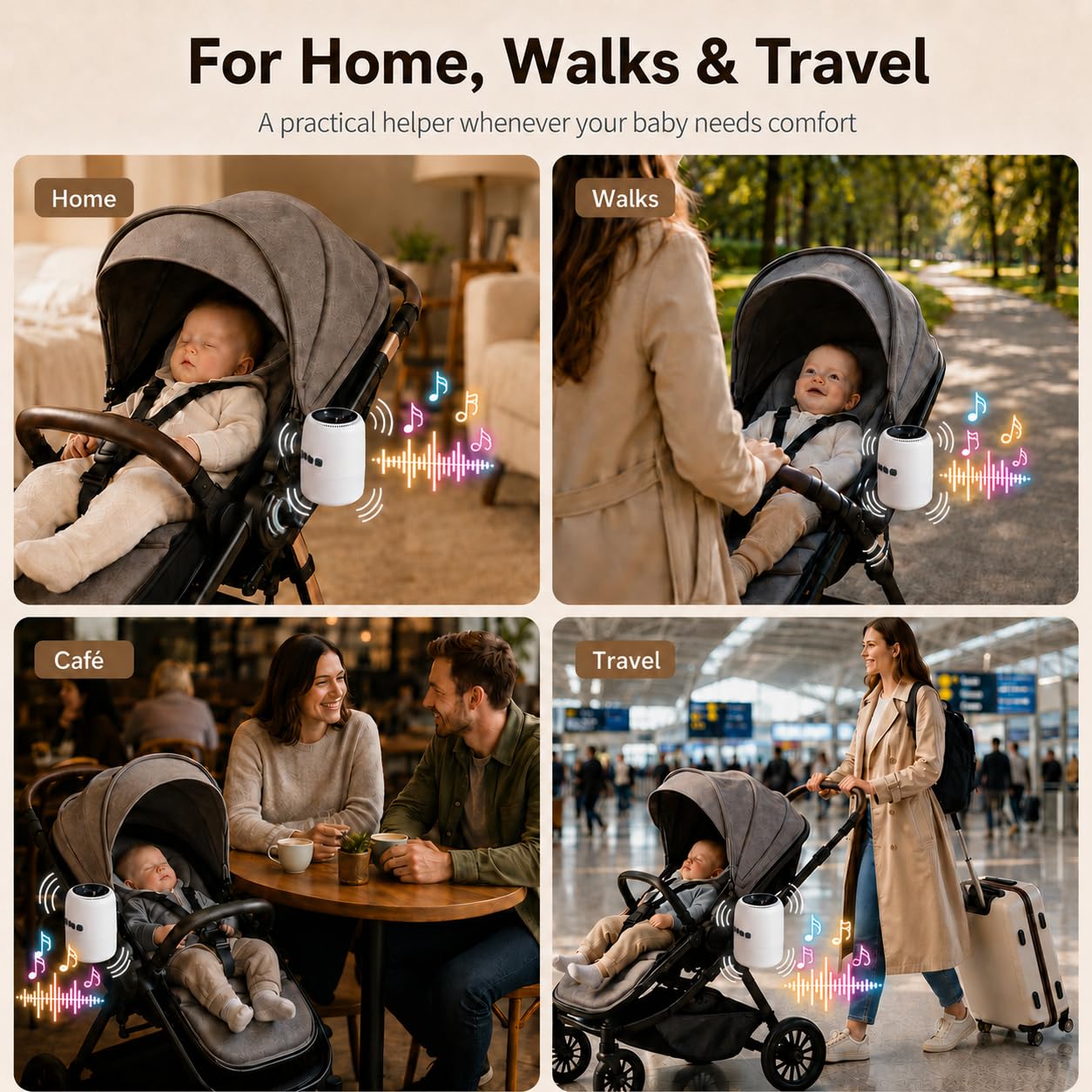Baby Rocker Rechargeable, Bercement Poussette avec 5 Niveaux d’Oscillation et Bruit Blanc - Réglable, Ultra-Silencieux, USB-C, 2 Supports Universels pour Toutes les Poussettes (Blanc)
