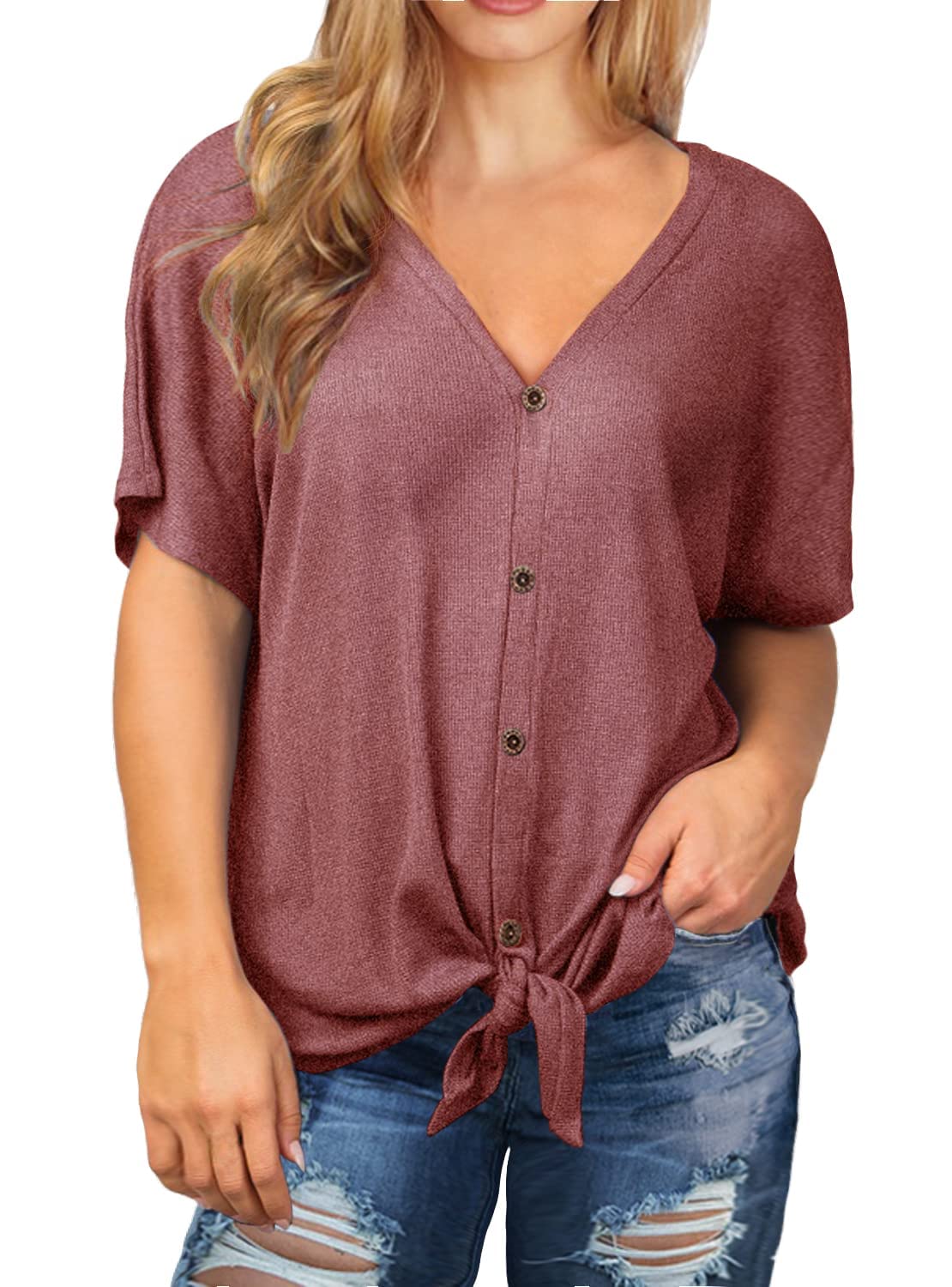 OLRIK Womens Plus Size Tops Loose Blouse Short Sleeve Tie Front V Neck Button Down Shirt