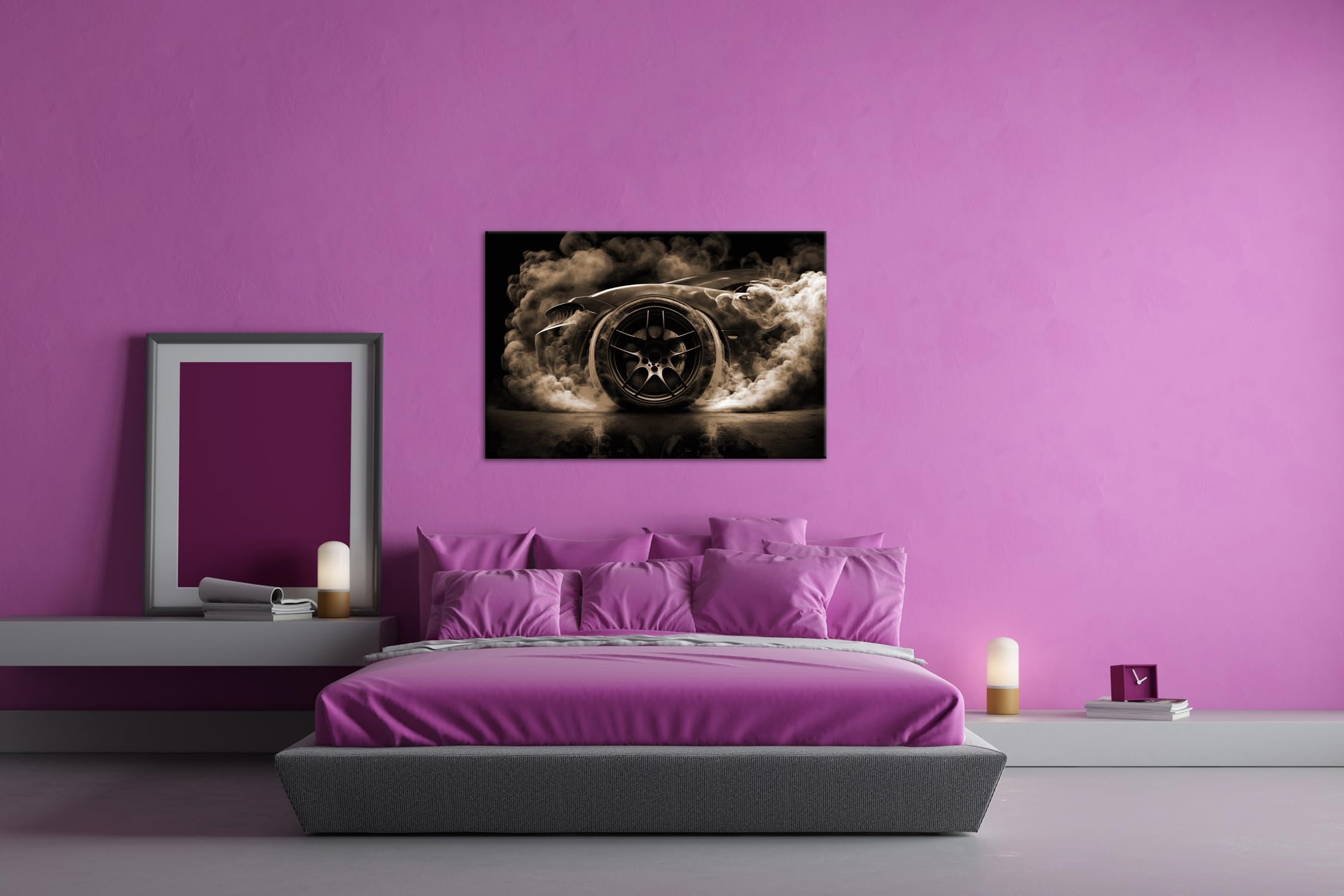 Leinwandbild Nächtliches Driften: Rauchende Reifen und glühende Bremse Format: 100x70 cm Effekt: Sepia XXL Kunstdruck Bild auf Keilrahmen/Wandbild/Wohnzimmer Deko