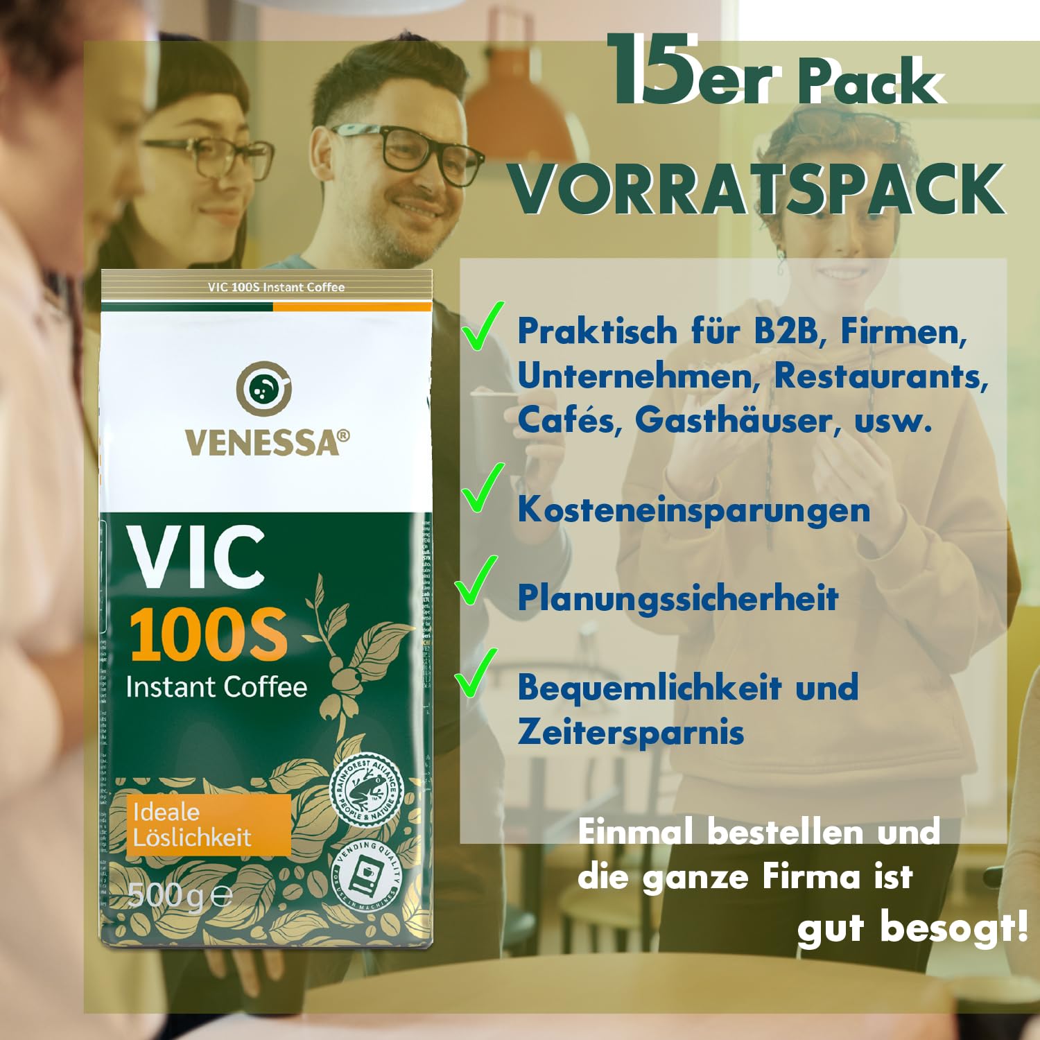 Venessa VIC 100 S - Café instantáneo soluble (15 x 500 g, café tostado, suave y redondo en sabor, café premium para máquinas expendedoras, gastronomía y empresas)