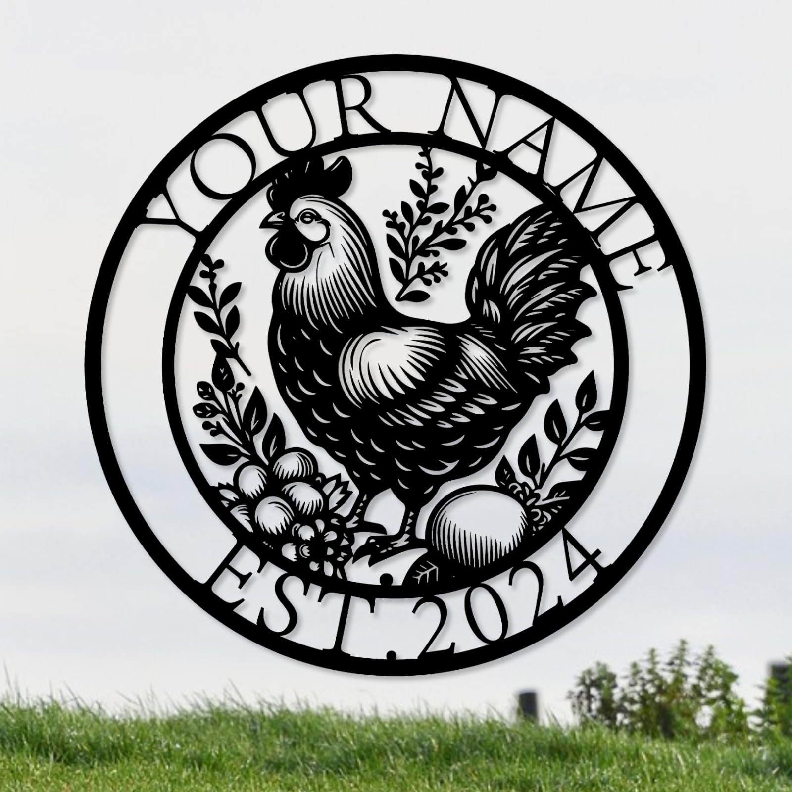 Houdoum Style A Personalized Metal Chicken Coop Wall Art - Custom Farmhouse Sign - Farm Decor With Hen House Design (Style A)