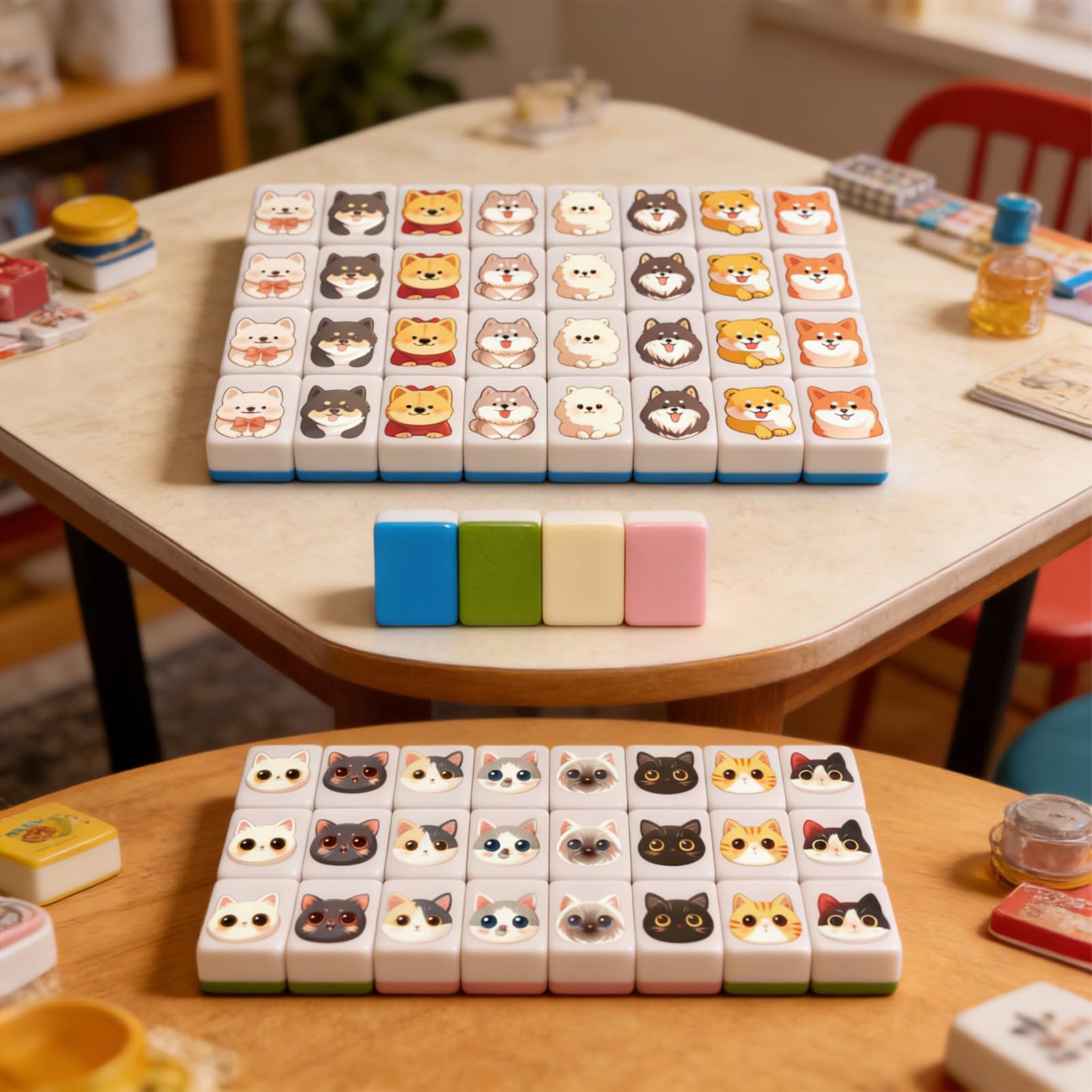 Generico Set Mahjong, Mini Gioco Mahjong con 64 tessere con bandiera nazionale/modello simpatico cane e gatto, gioco da tavolo per famiglie per feste e viaggi