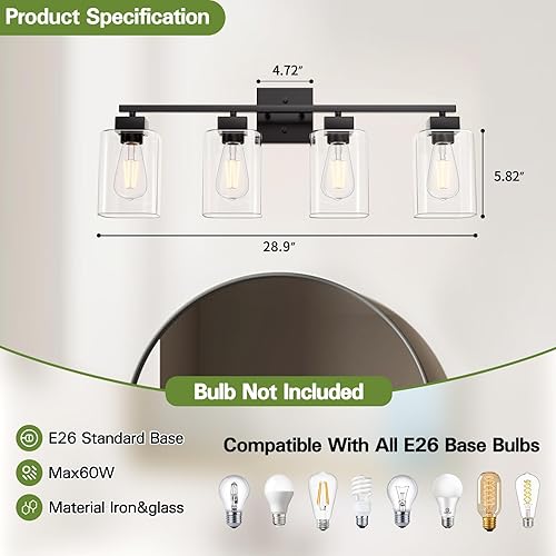 Miniatura 3 de Espird Lámpara de tocador de baño de 4 luces, color negro mate, diseño cuadrado y certificación UL, lámpara cuadrada sobre espejo, lámparas de