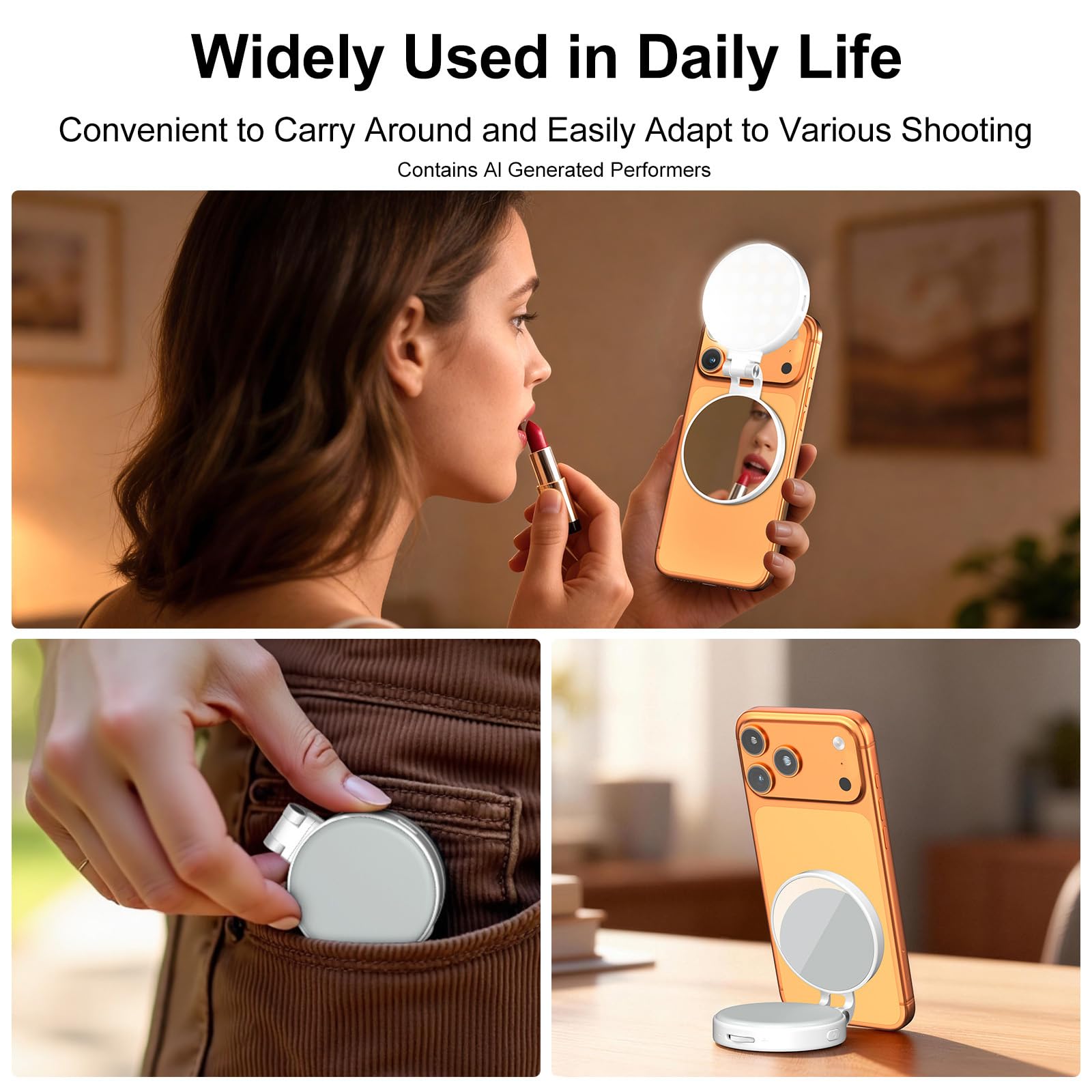 Newmowa Lampe magnétique pour selfie, anneau lumineux extensible avec miroir, lumière LED rechargeable portable pour selfie//maquillage/vidéoconférence/appel zoom/TikTok, compatible avec tous les