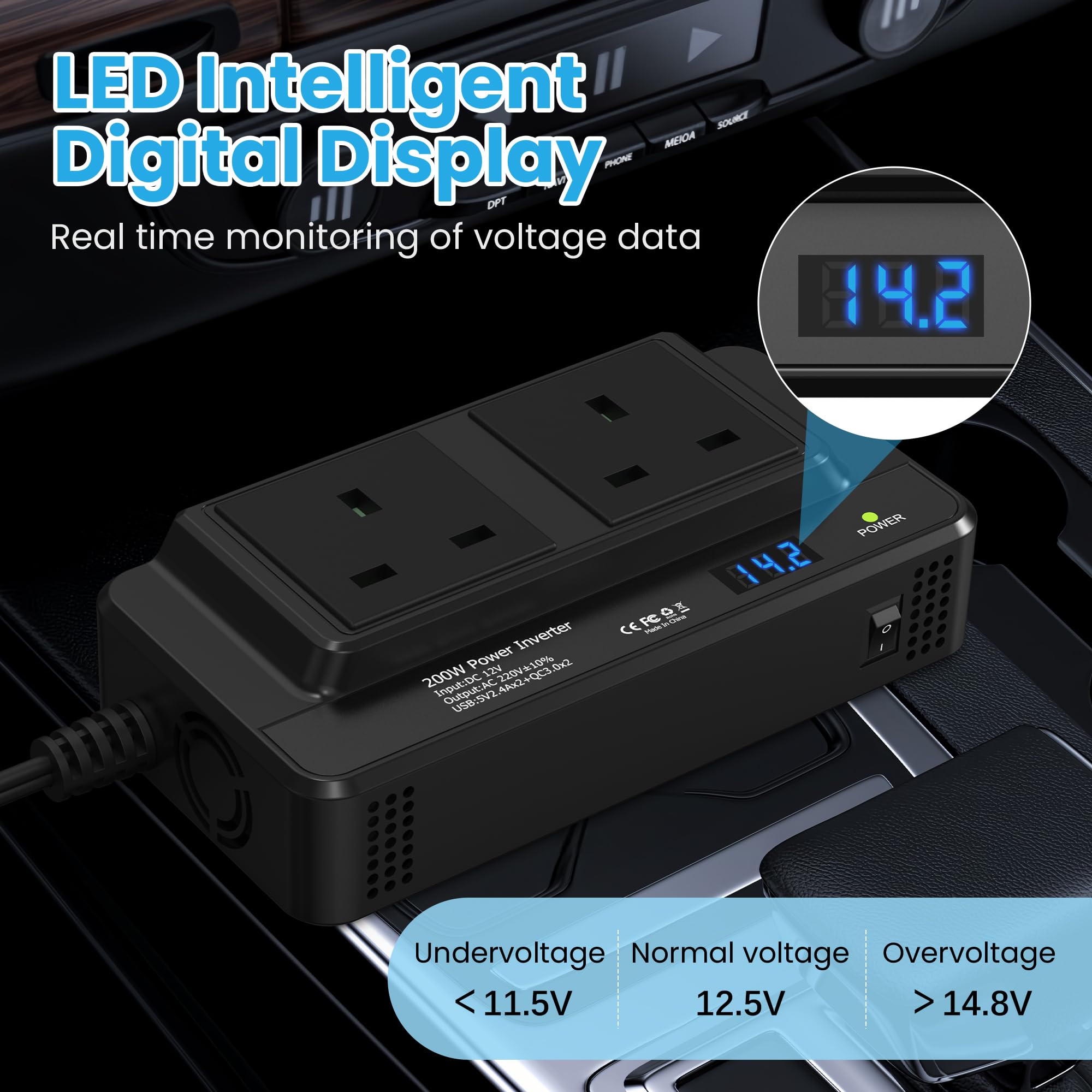 200W Car Voltage Converter Inverter DC 12V to AC 230V with 2 Sockets and 4 USB Ports Fast Charging Car Charger with Cigarette Lighter Plug for Business Trips and Vacation — view 6
