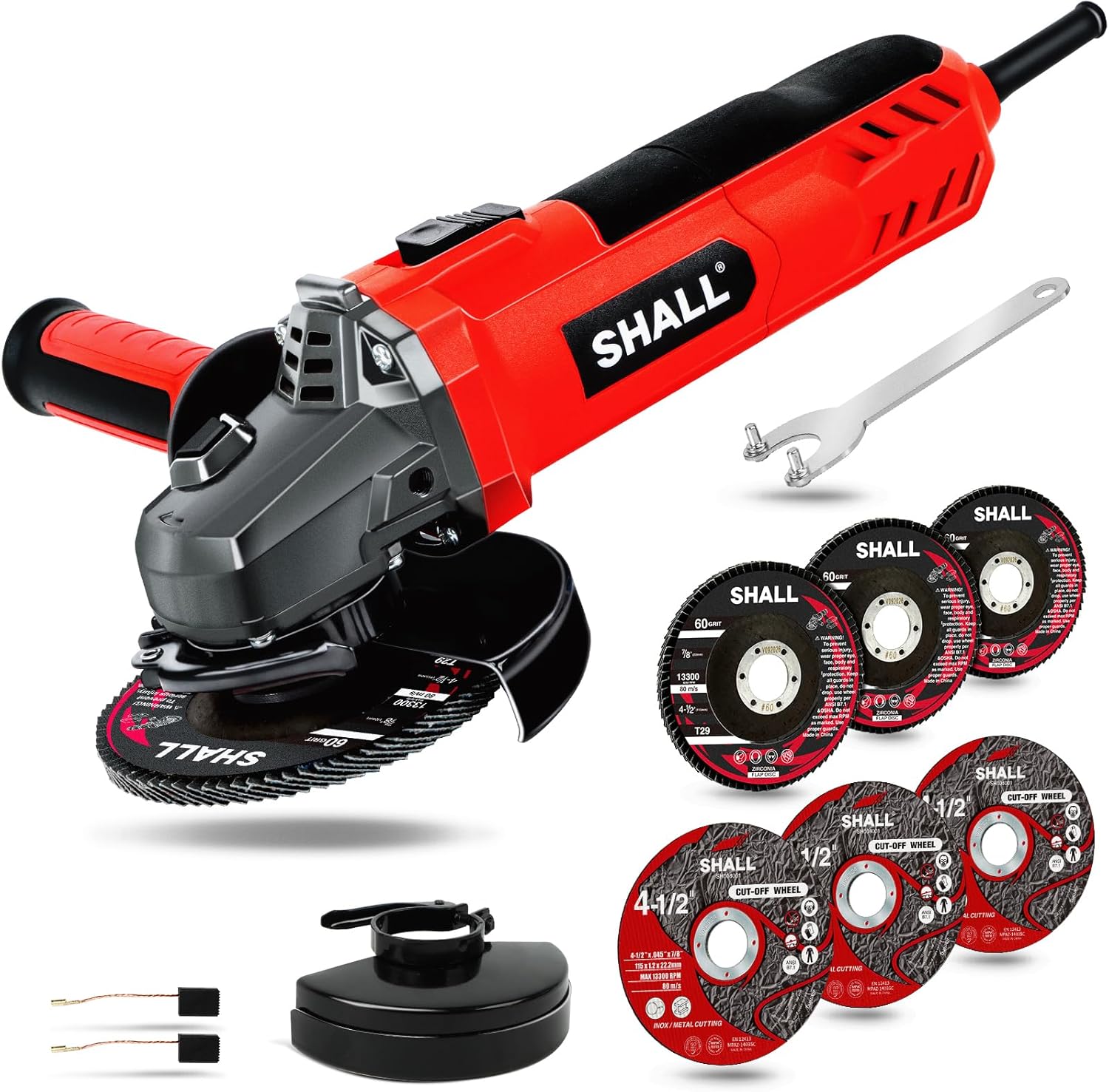 7.5Amp 4-1/2 Inch 12000 RPM Angle Grinder with 2 Guards, 3 Cutting Wheels, 3 Discs, Non-Slip Handle and Carbon Brush for Metal and Wood