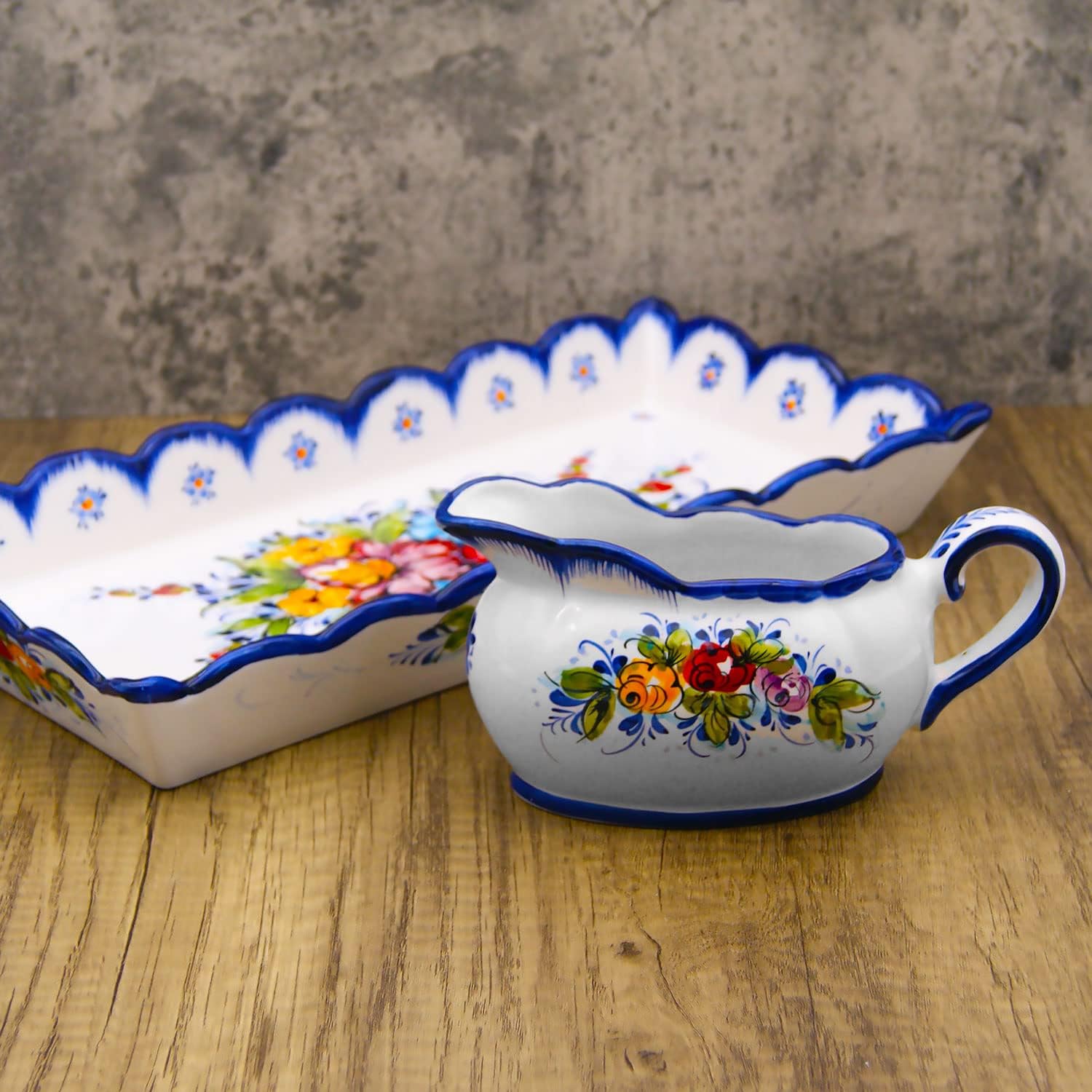 Portuguese Ceramic Gravy Boat, Hand-Painted Floral Design, 8 oz and 16 oz, Microwave Safe (16 fl.oz)