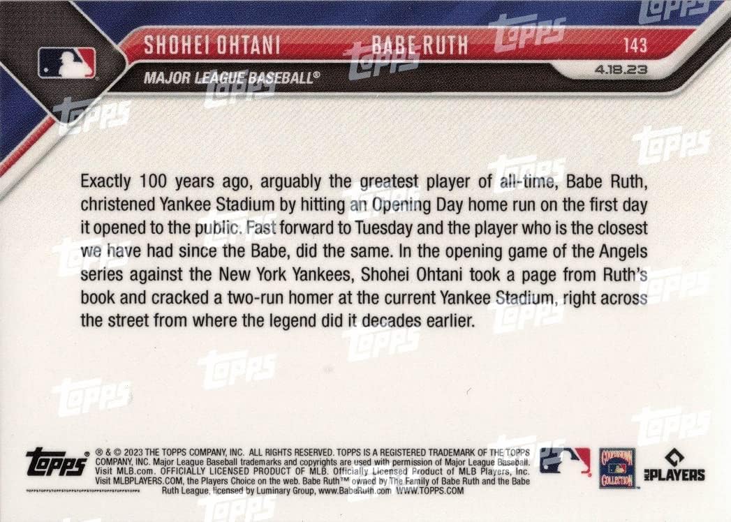 2023 Topps Now #143 Shohei Ohtani/Babe Ruth Baseball Card - Legends Homer at Yankee Stadium 100 Years Apart to the Day