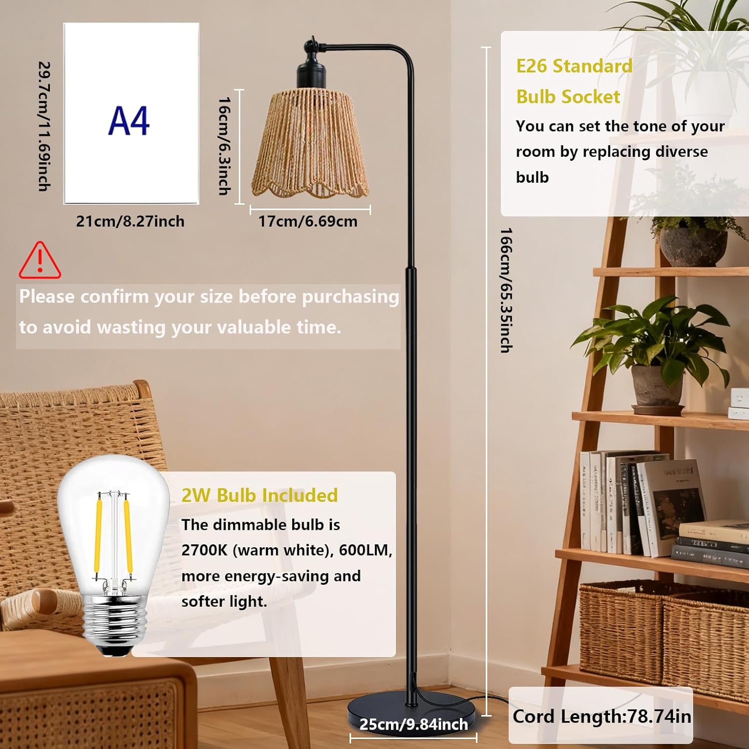 65" Tall Floor Lamp for Living Room, Boho Floor Lamp with LED Bulb, Foot Switch, Rattan Shade, Industrial Farmhouse Standing Lamp for Bedroom, Dining Room, Study Room, Office