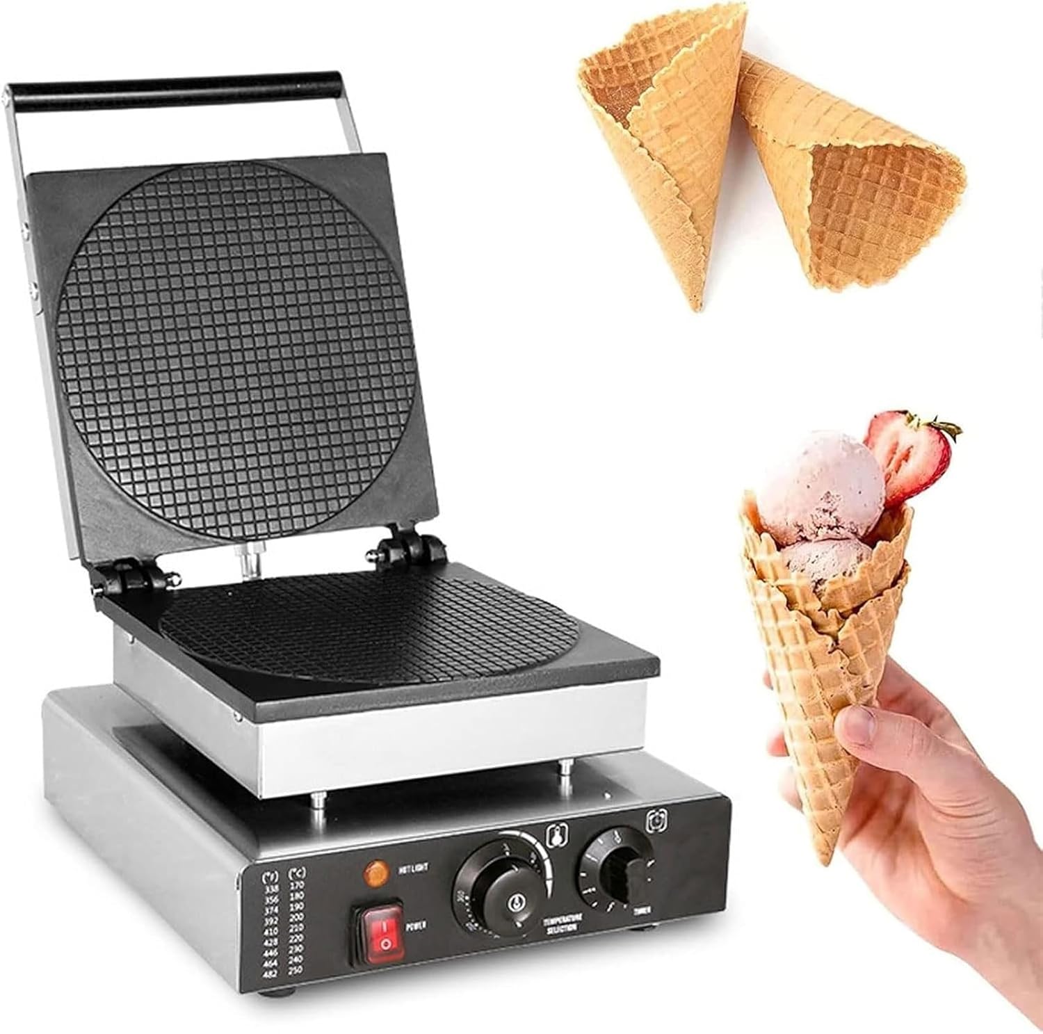 Commercial Ice Cream Cone Machine,1750W Electric Waffle Cone Maker Egg Roll Machine with 50-300°C Adjustable,1-5 Minute Timing,Non-Stick Surface,for Ice Cream Cones & Egg Roll Bowls(Square)