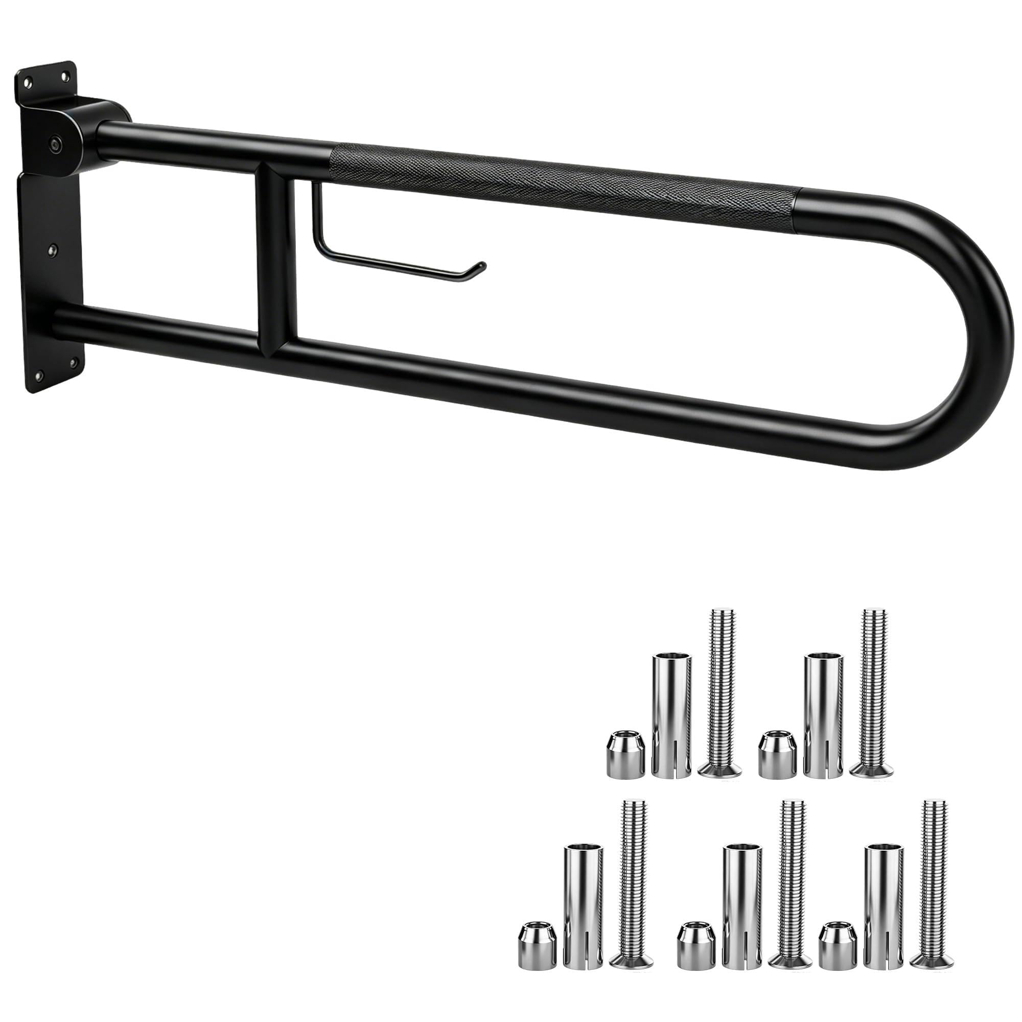 30.3 Inch Toilet Grab Bar, HUAS Black Anti Slip Bathroom Toilet Safety Rails, U Shaped Flip-Up Handicap Grab Bars w/Paper Holder, Stainless Steel Support Handrail for Elderly Disabled Senior