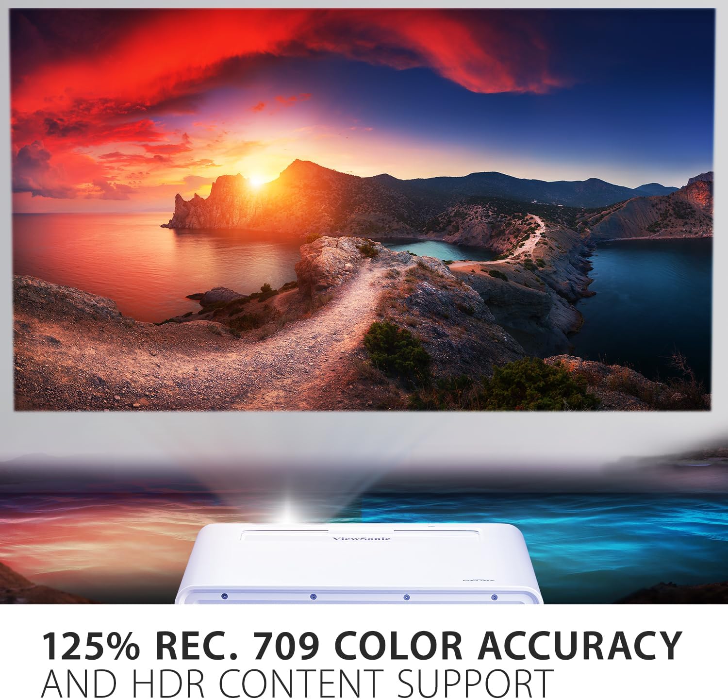 A scenic landscape projected onto a screen, with text highlighting '125% Rec. 709 Color Accuracy and HDR Content Support'.