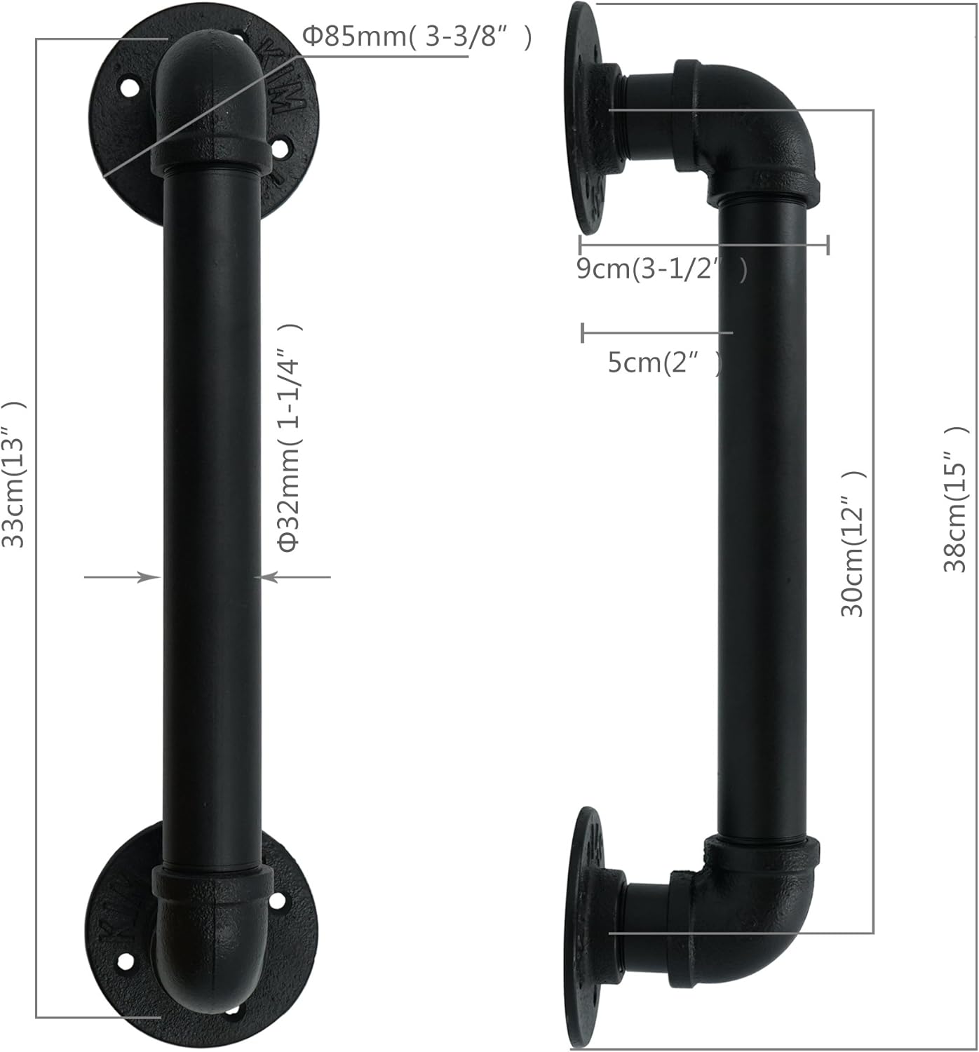FOYO Set of 2 Industrial Pipe Door Pull Handle, Grab Bar, Towel Bar, Antique Rustic Cast Iron Handrail - Matte Black, 1-1/4"Diameter Pipe, 15 Inch