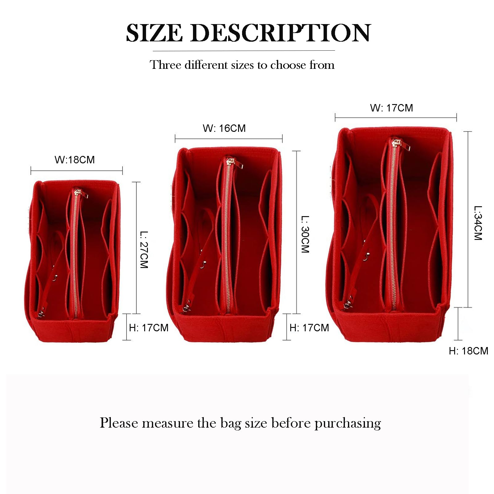 Organizador de Bolso de Fieltro con Múltiples Bolsillos – Inserto para Bolso con Bolsillo con Cremallera, Organizador Ligero para Tote Bag, Rojo, L
