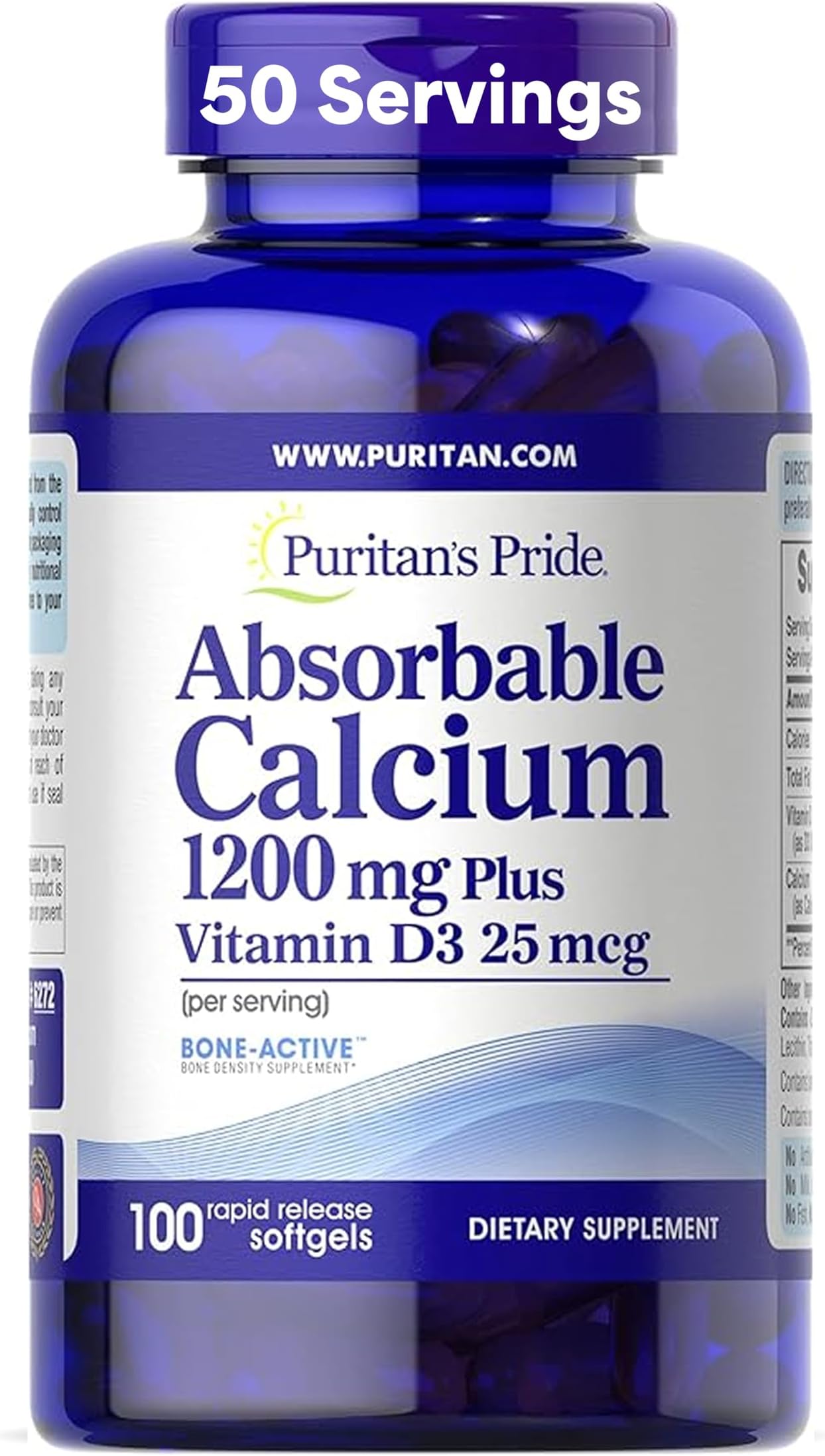 Puritan's Pride Absorbable Calcium 1200 mg Plus Vitamin D3 25mcg 1000 IU With Bone-Active™, Dietary Supplement For Bone Strength, Heart, Nerve, Muscle, And Immune Support, 100 Rapid Release Softgels