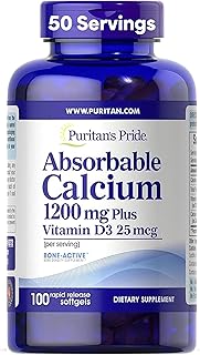 Puritan's Pride Absorbable Calcium 1200 mg Plus Vitamin D3 25mcg 1000 IU With Bone-Active™, Dietary Supplement For Bone Strength, Heart, Nerve, Muscle, And Immune Support, 100 Rapid Release Softgels