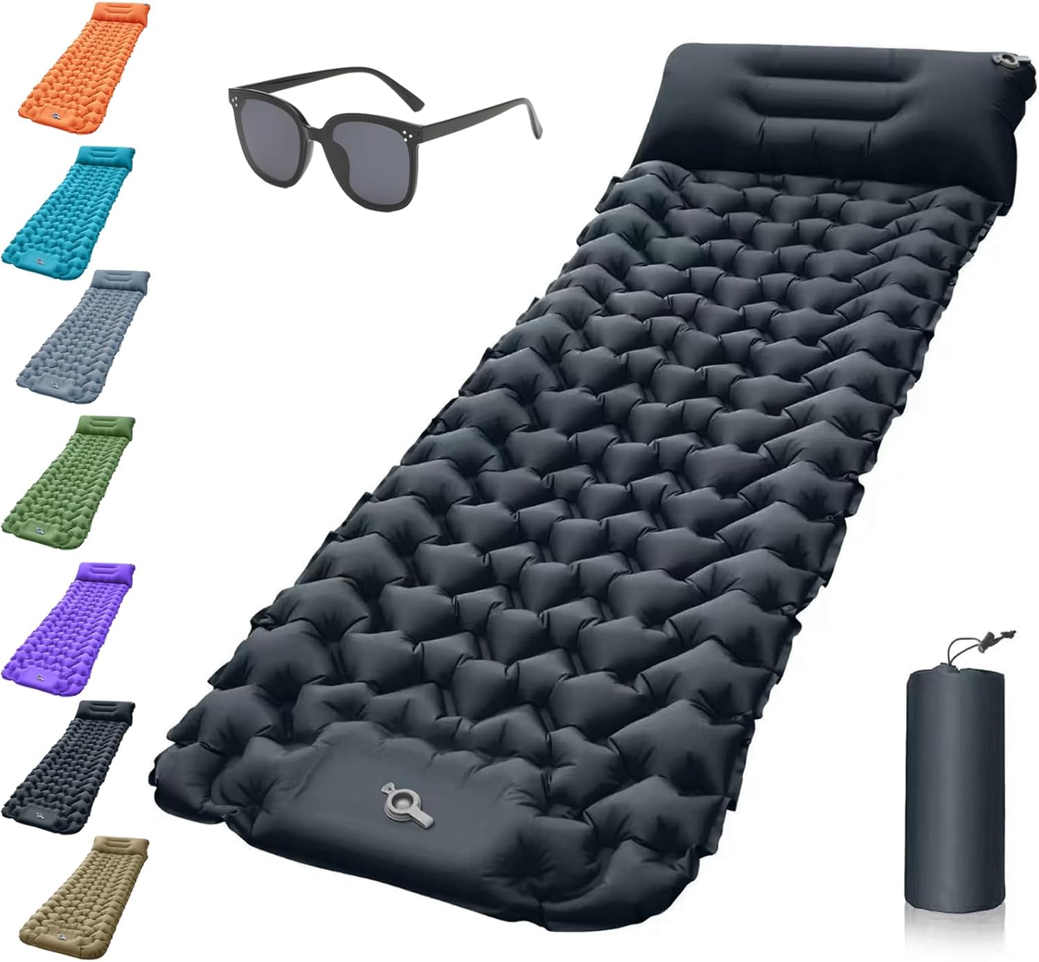 Lounge Mat - Your Portable Chill Zone, Memory Foam Sleeping Pad Built-In Foot Pump with Pillow, Lightweight Portable Waterproof for Outdoor Backpacking Gear Travel, With Sunglasses (Olive Green)