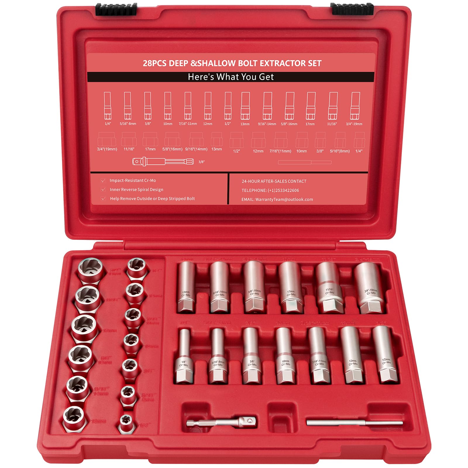 Bryze 28Pcs Deep Bolt Extractor Set, With 3/8" Drive, Ez Out Broken Bolt Remover Kit, Spark Plug Extractor Socket Set, Easy Out Stripped Lug Nut Removal Tool For Removing Rounded, Rusted Bolts, Nuts (Red)