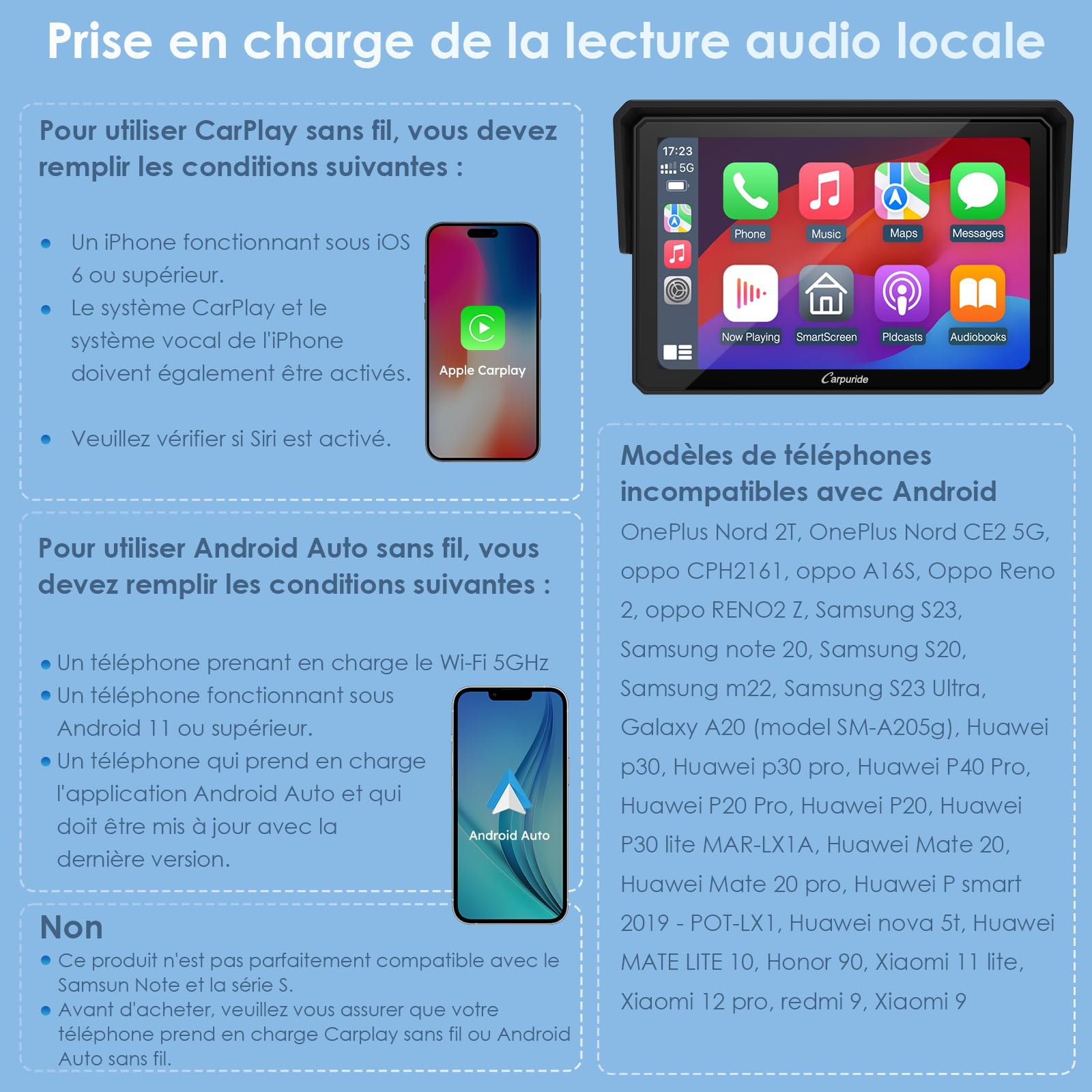 Carpuride W502 Écran Moto 5" GPS avec CarPlay sans Fil & Android Auto - Écran Tactile IPS Étanche IP67, Double Bluetooth, Navigation GPS, Siri,Béquille Moto réglable en Forme de U