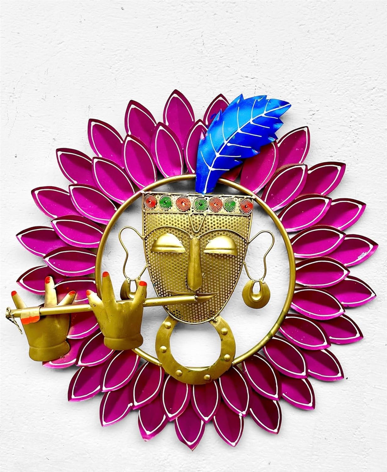 RSN Retro Style Metal Handpainted Rustic Iron Wall Hanging of Krishna in Pink Flower Art Sculpture for Home Office Wall Decor/Wall Hanging (23 x 23 Inches) 3