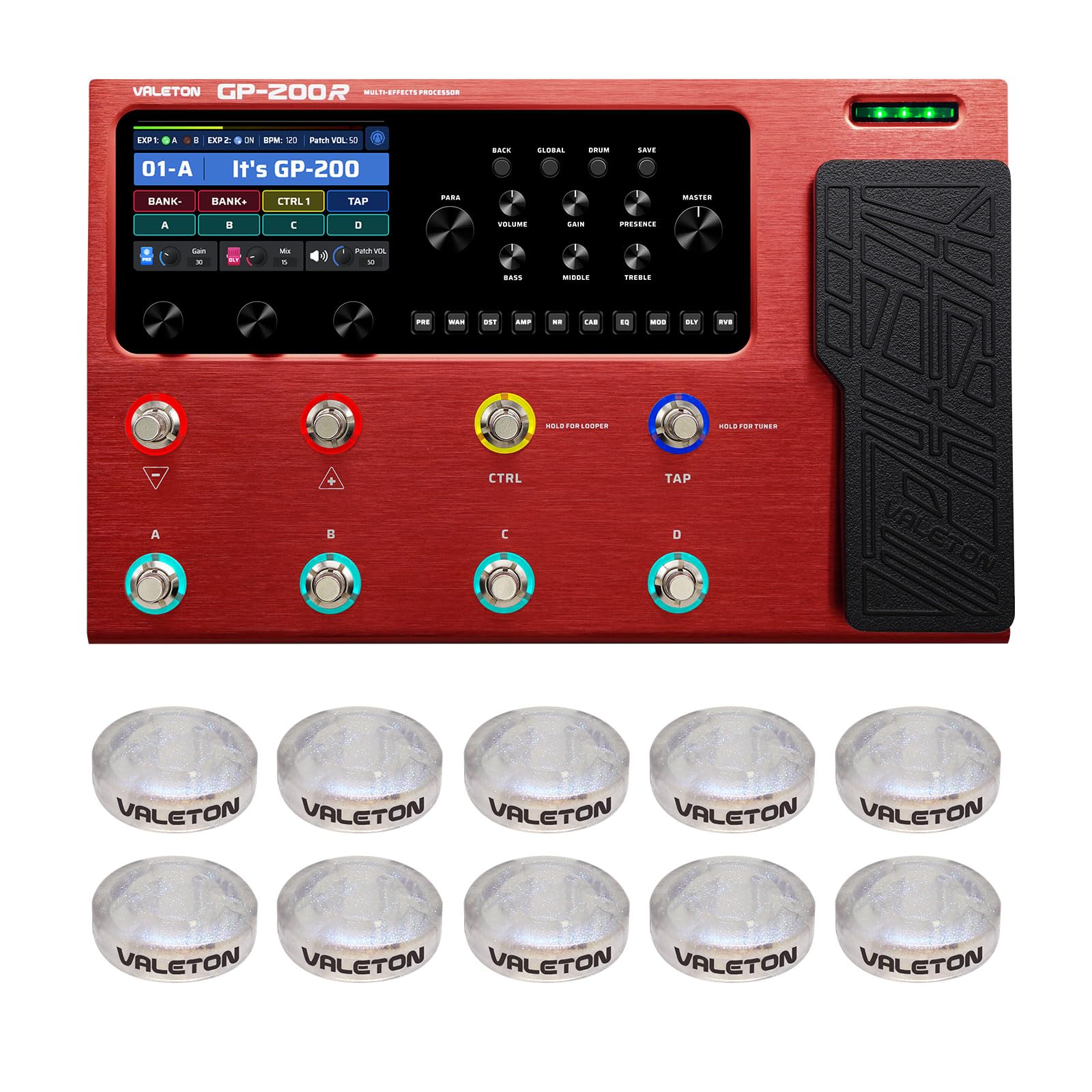 VALETON Multi Effects Processor Multi-Effects Pedal with Expression Pedal FX Loop MIDI I/O Guitar Bass Effects Pedal Amp Modeling IR Cabinets(Include 10 Pcs Additional Footswitch Toppers)
