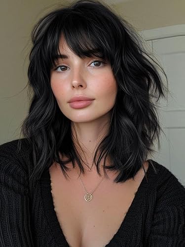 FREEMEIGE Black Short Bob Wavy Wig with Bangs for Women Loose Curly Shoulder Length Synthetic Cosplay Wig Bob for Girl Colorful Costume Wigs