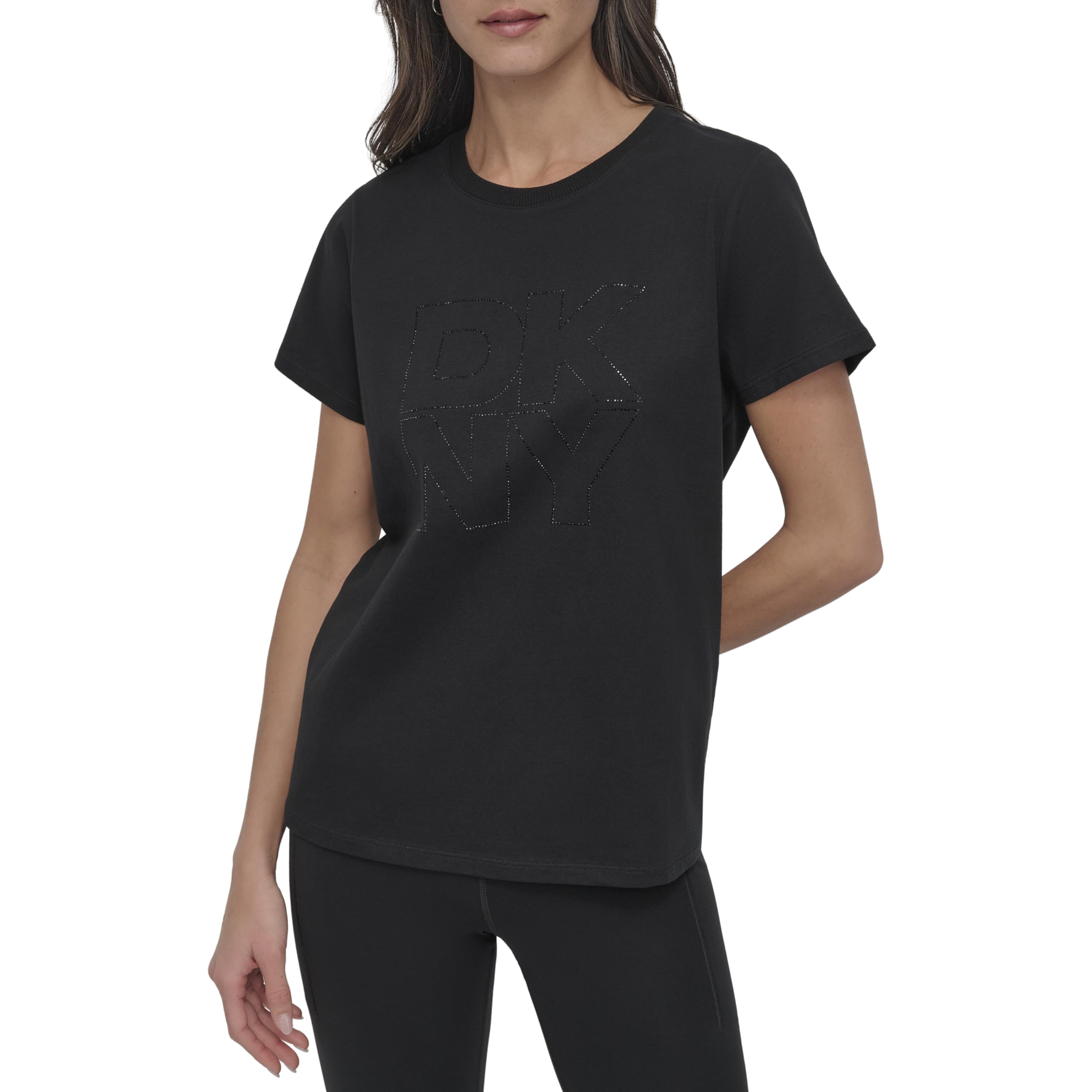 DKNY Stacked Rhinestone Outline Graphic Crew Neck tee T-Shirt for Women, Black/White, XS
