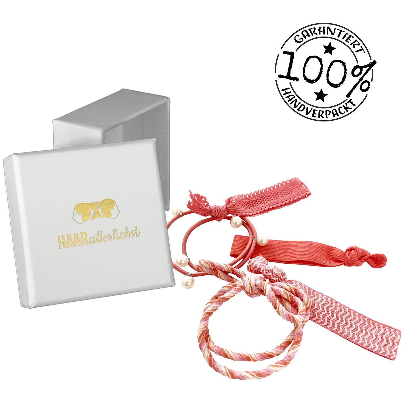 HAARallerliebst Hair Scrunchies Bracelets (Pack of 5) with Storage Box (White - Pink Salmon) - Image 4