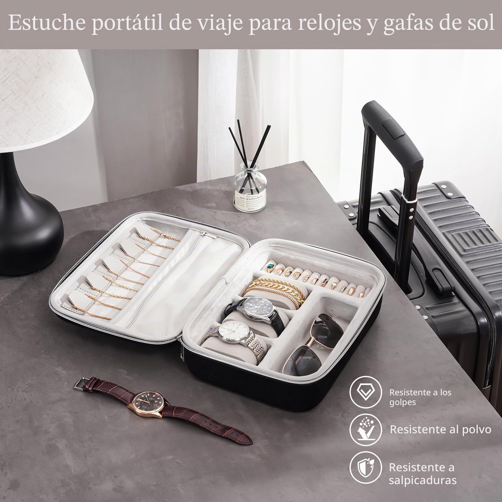 ProCase Estuche de Viaje para Joyas de Hombre, funda con 3 ranuras para relojes, organizador con cremallera para relojes, gafas, collares, anillos y pulseras, estuche portátil - Gris